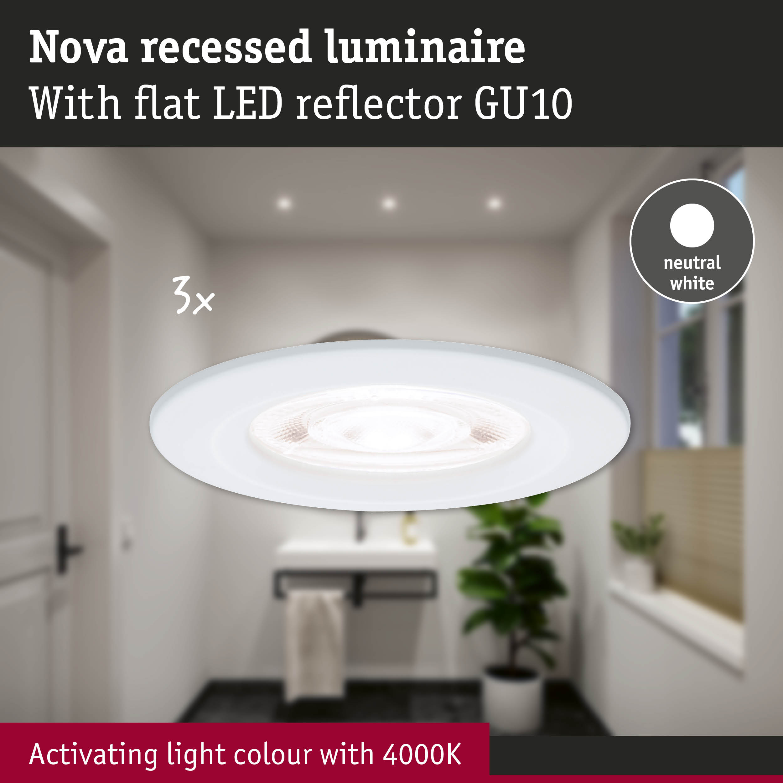 Lampa Nova wpuszczana z płaskim odbłyśnikiem LED GU10, neutralna biel.