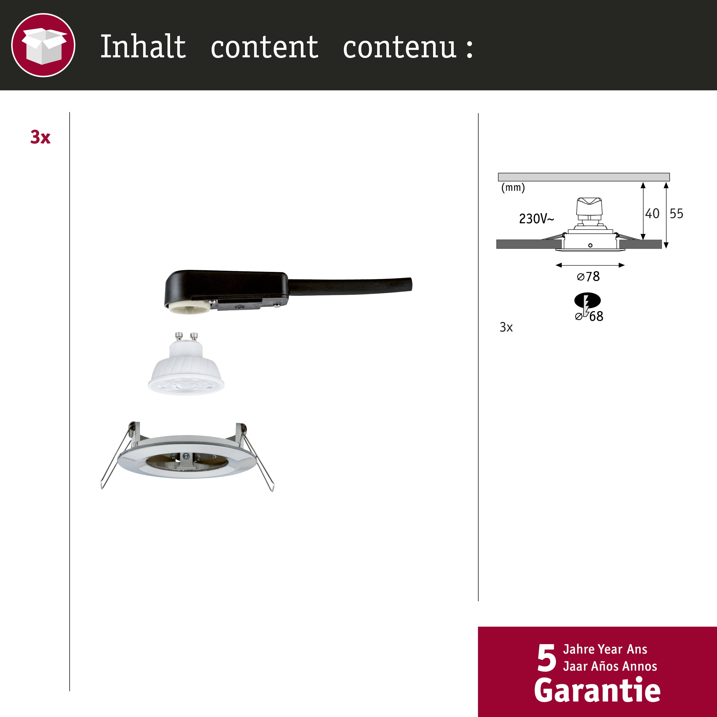 Lampa wpuszczana z wtyczką i żarówką, z wymiarami i gwarancją.