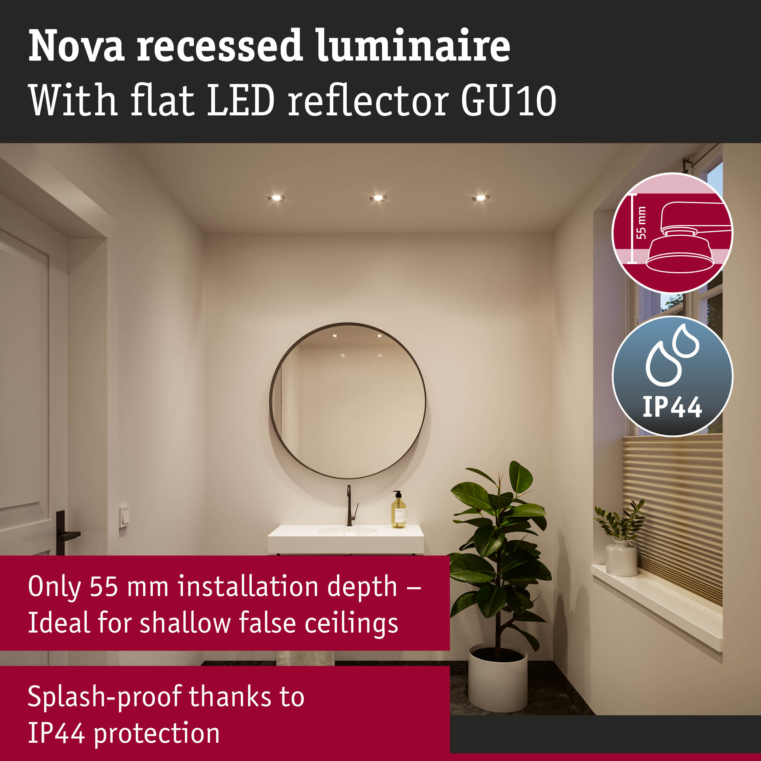 Nowoczesna łazienka z wpuszczanymi światłami, lustrem, umywalką i rośliną.