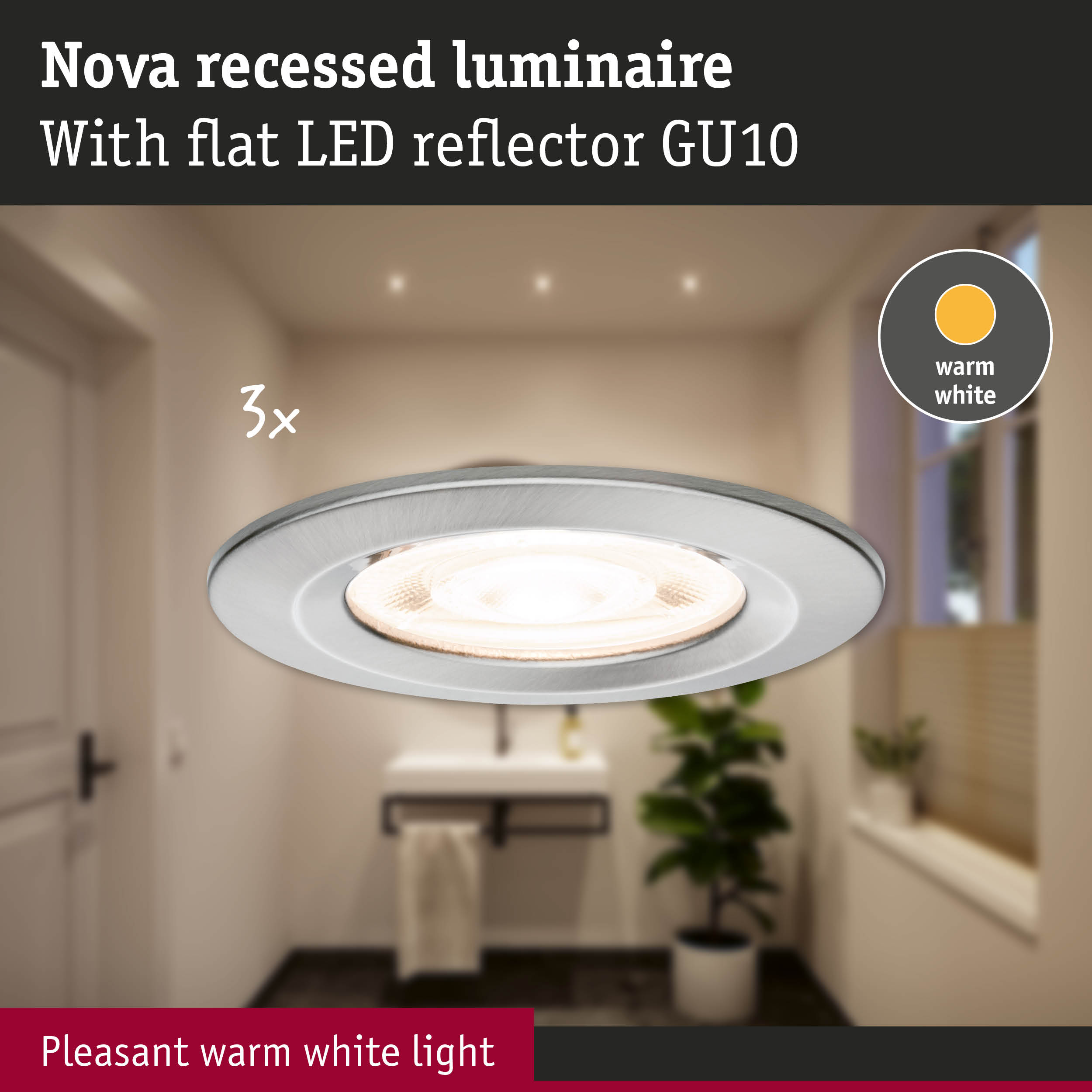 Oprawa wpuszczana Nova z płaskim odbłyśnikiem LED GU10, ciepłe białe światło.