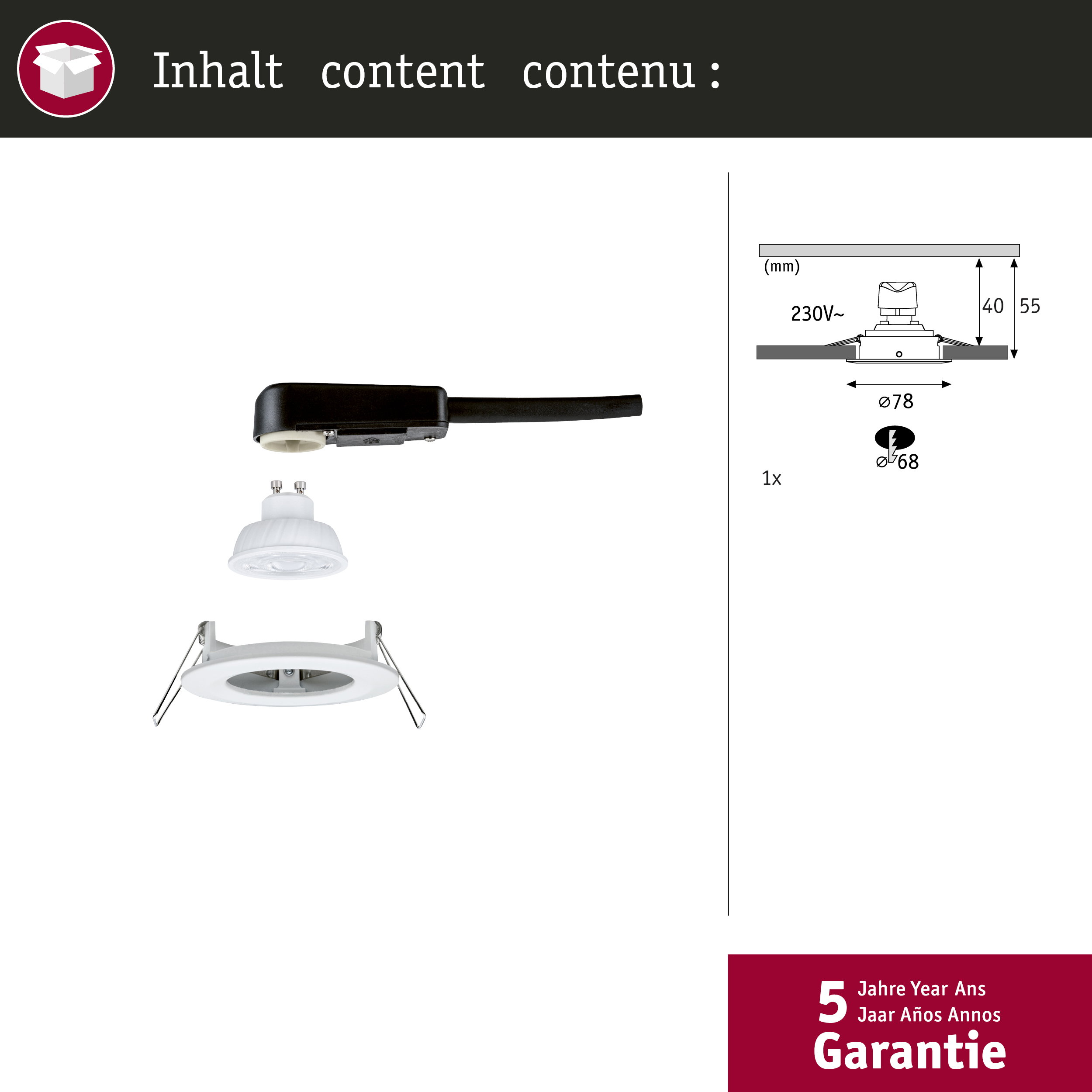 Reflektor wpuszczany z podstawą GU10 i rysunkiem technicznym.