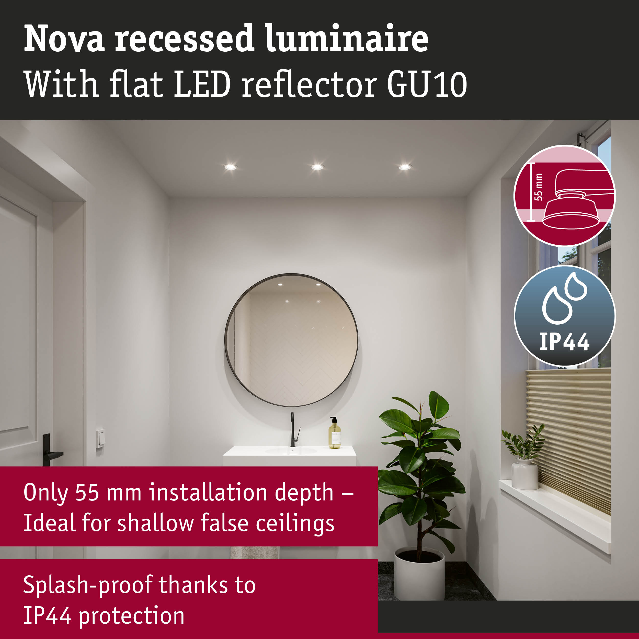 Łazienka z oświetleniem wpuszczanym, lustrem, umywalką i rośliną.