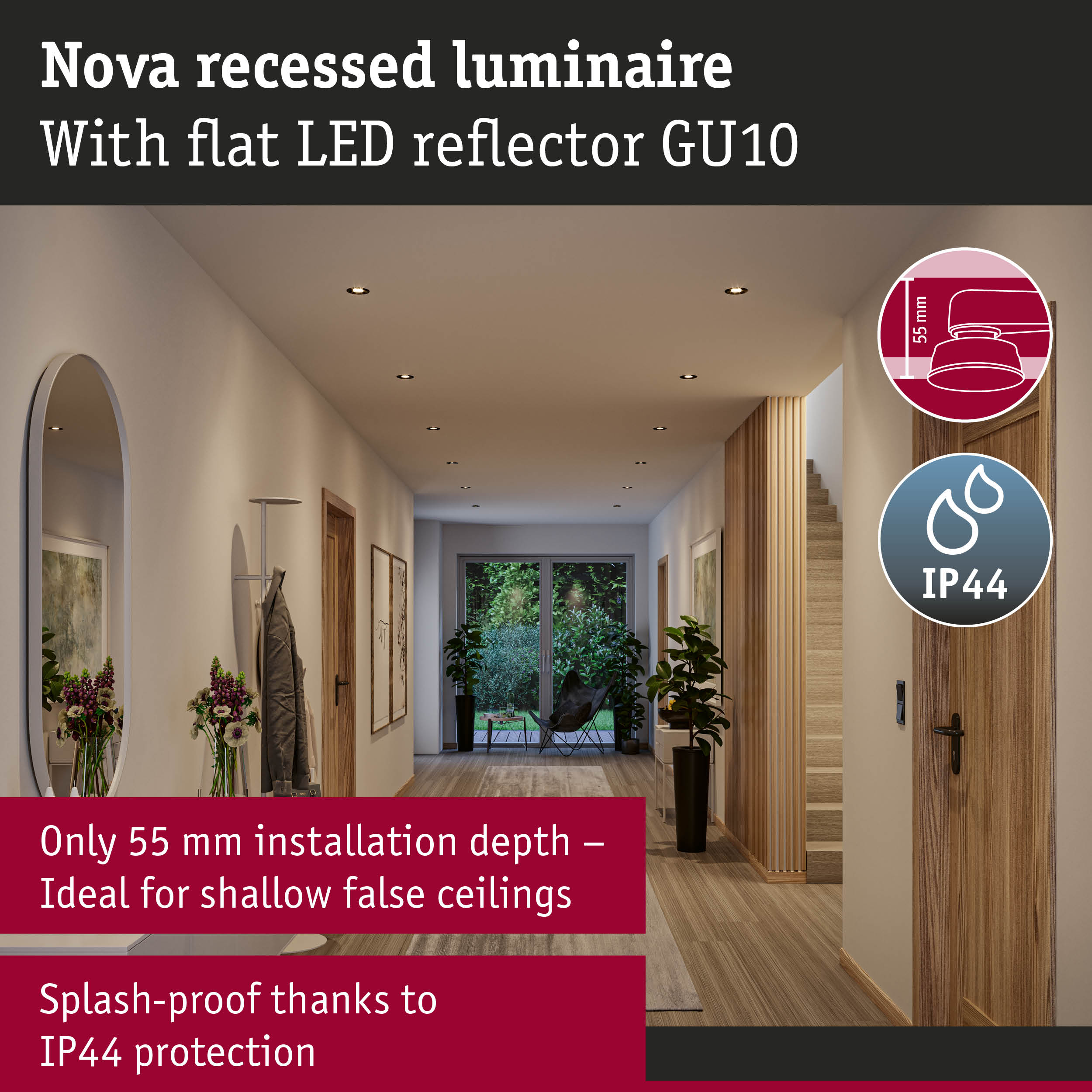 Korytarz z oświetleniem wpuszczanym, lustrem, roślinami i symbolem IP44.