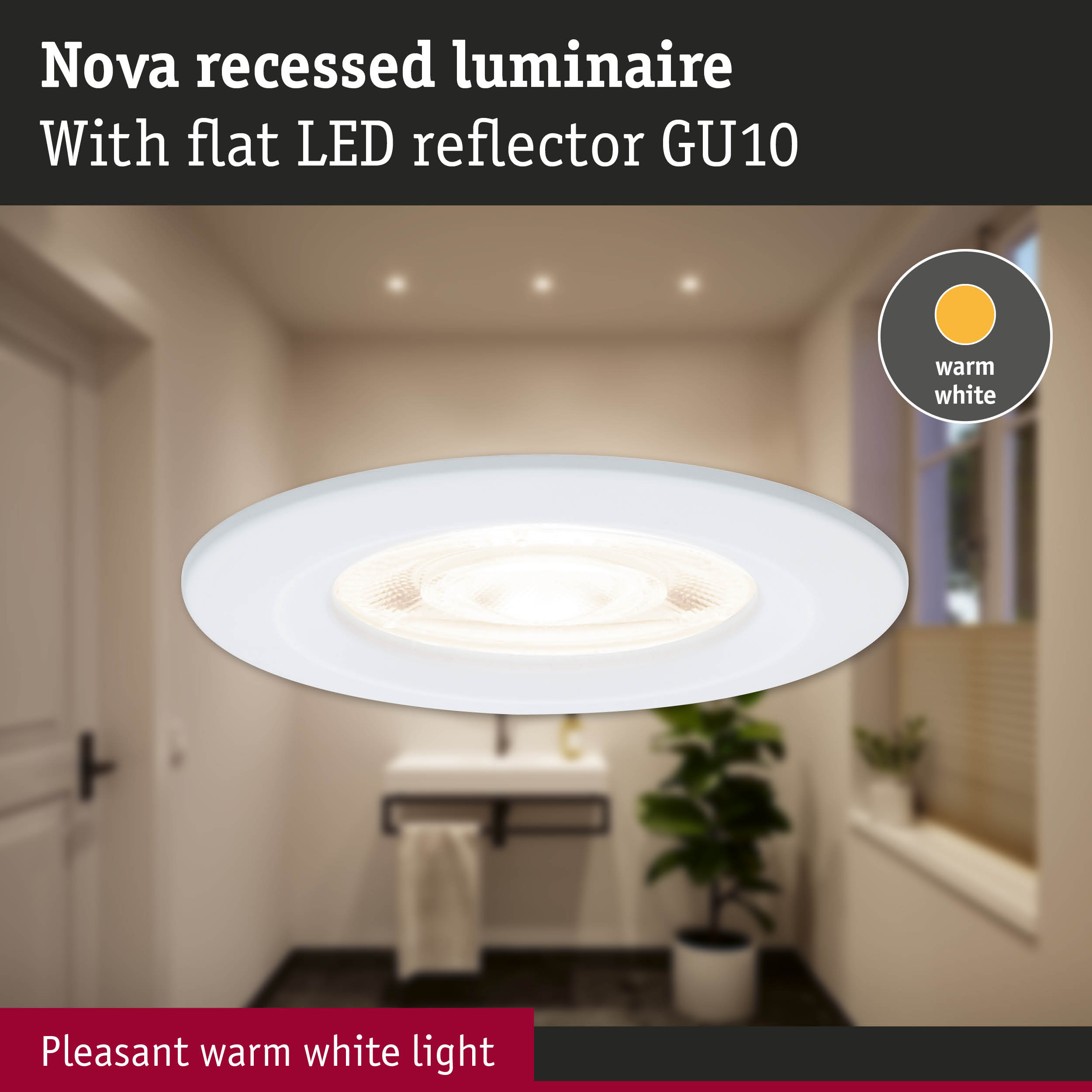 Oprawa wpuszczana Nova z płaskim reflektorem LED GU10, ciepłe białe światło.
