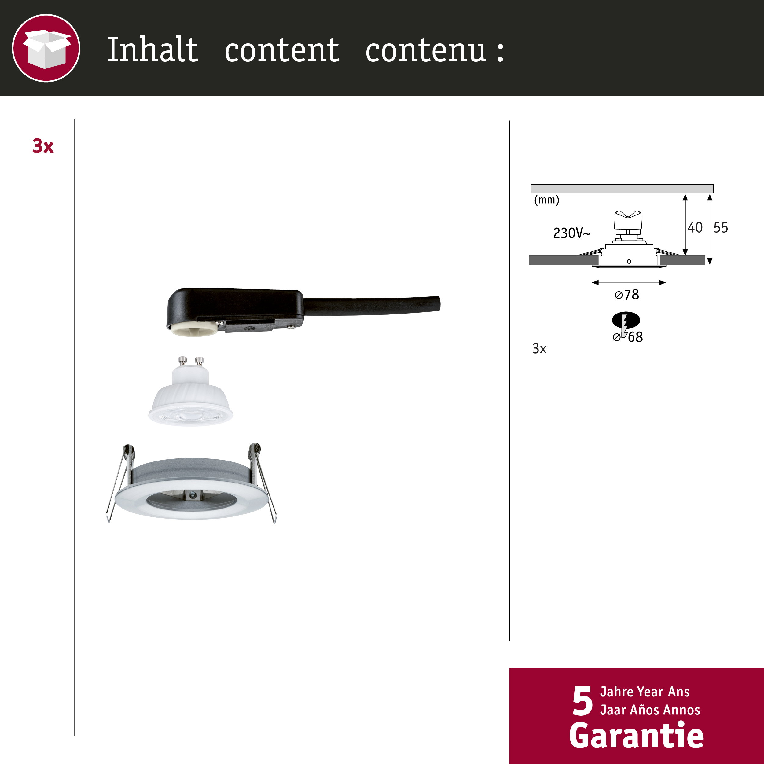 Trzy lampy wpuszczane: obudowa, żarówka i rysunek techniczny.