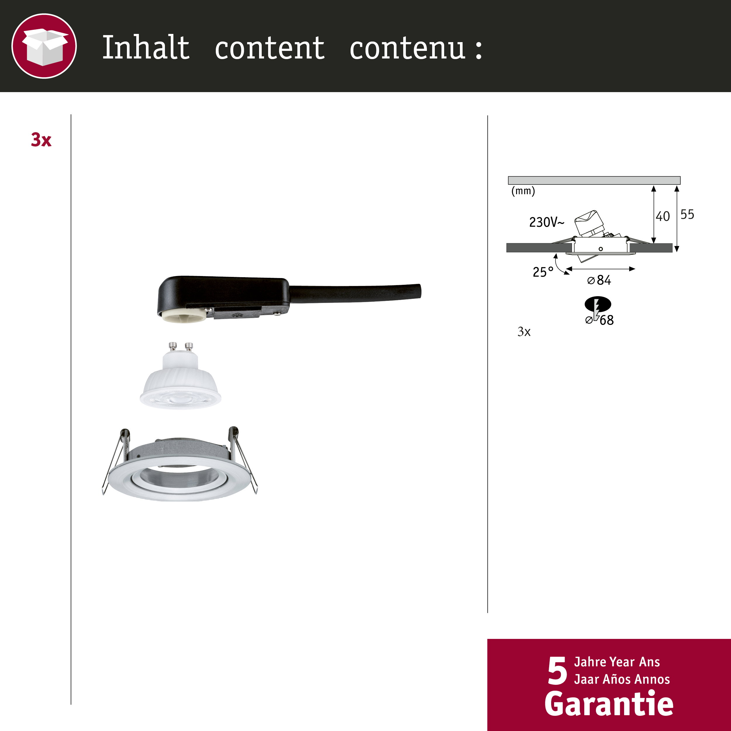 3x Lampa wpuszczana z akcesoriami i rysunkami technicznymi.