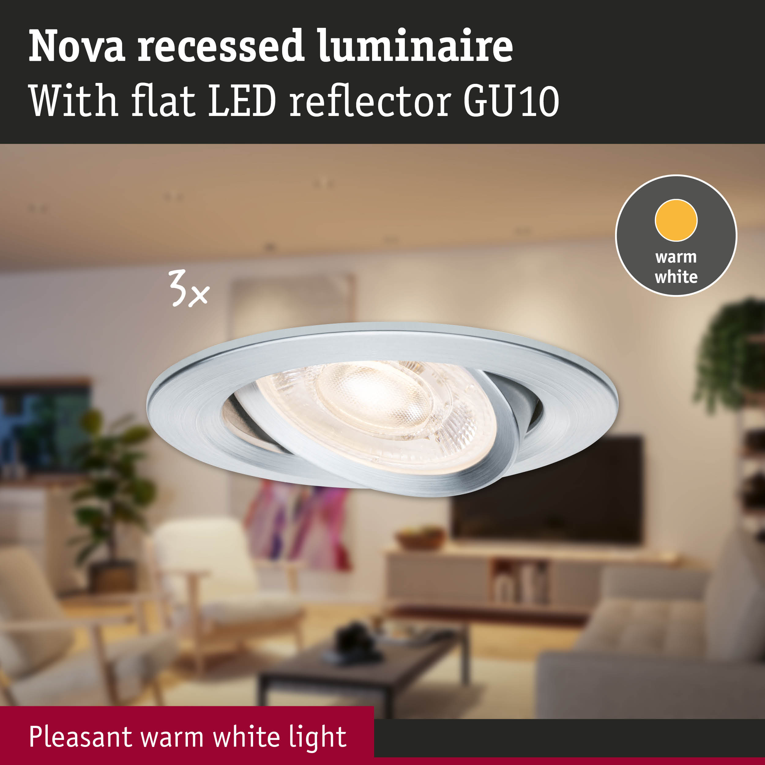 Oprawa Nova wpuszczana z płaskim odbłyśnikiem LED GU10 pokazana w salonie.