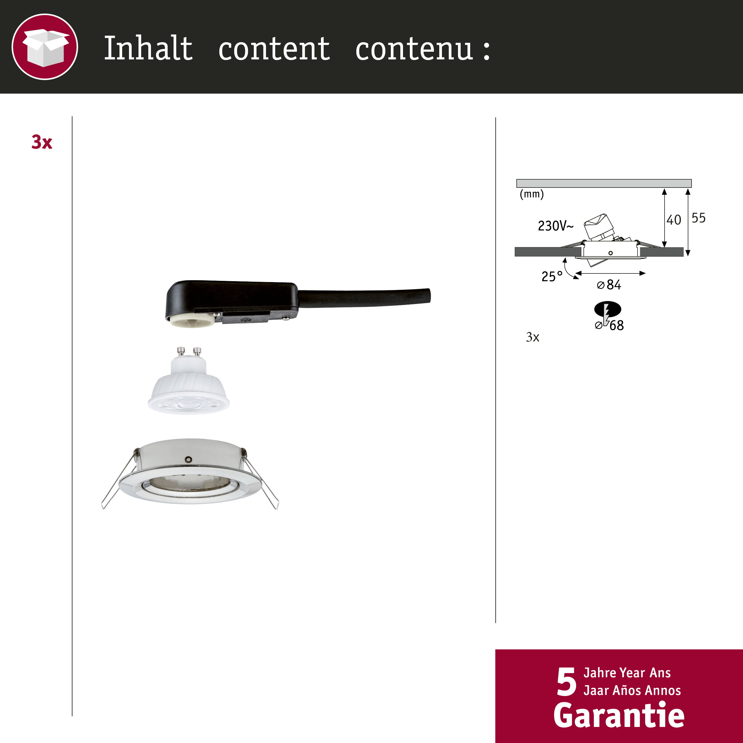 3x Reflektory wpuszczane, kabel przyłączeniowy, żarówka i rysunek techniczny.
