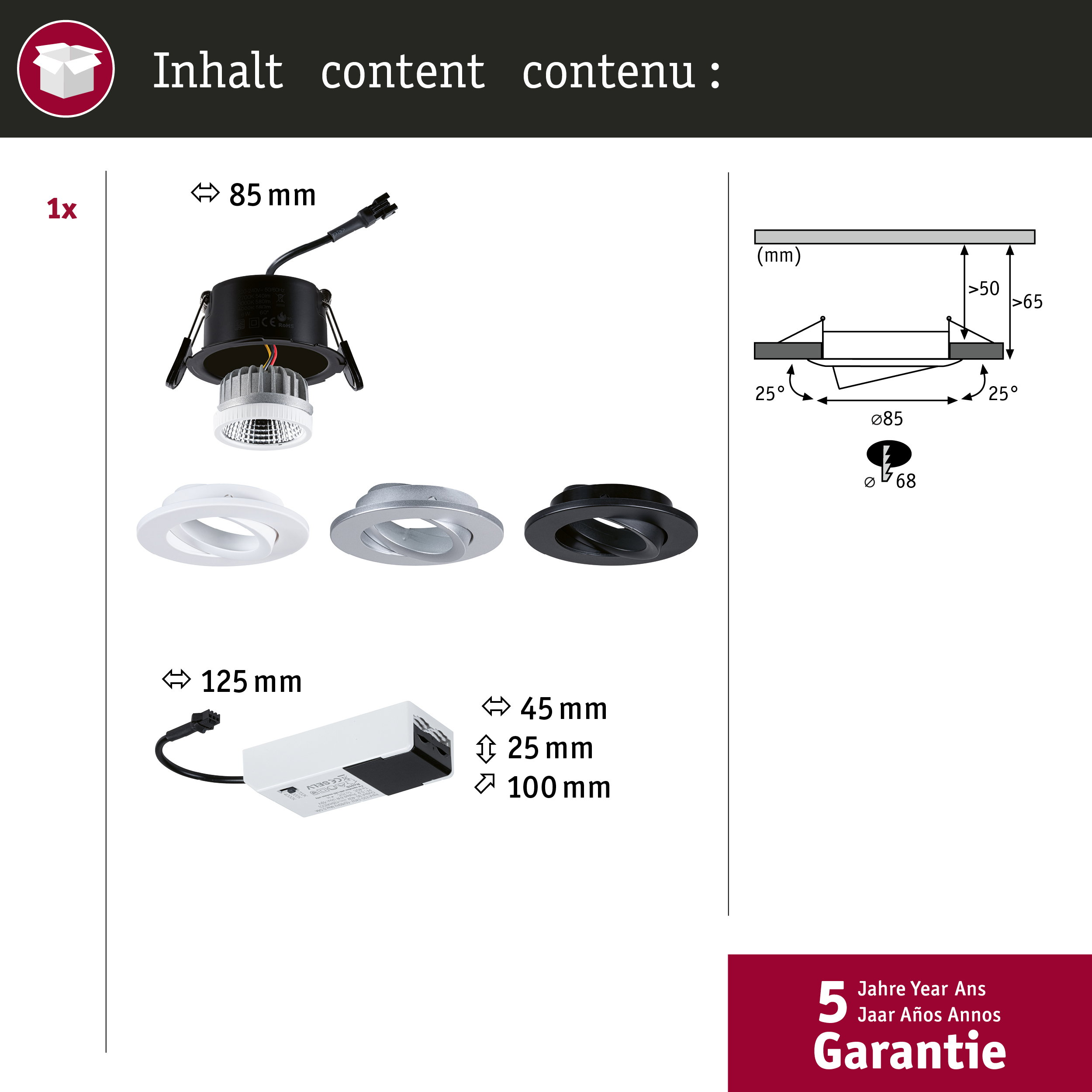 Reflektor wpuszczany z jednostką sterującą. Wymiary: 85mm, 125mm, 45mm, 25mm, 100mm.