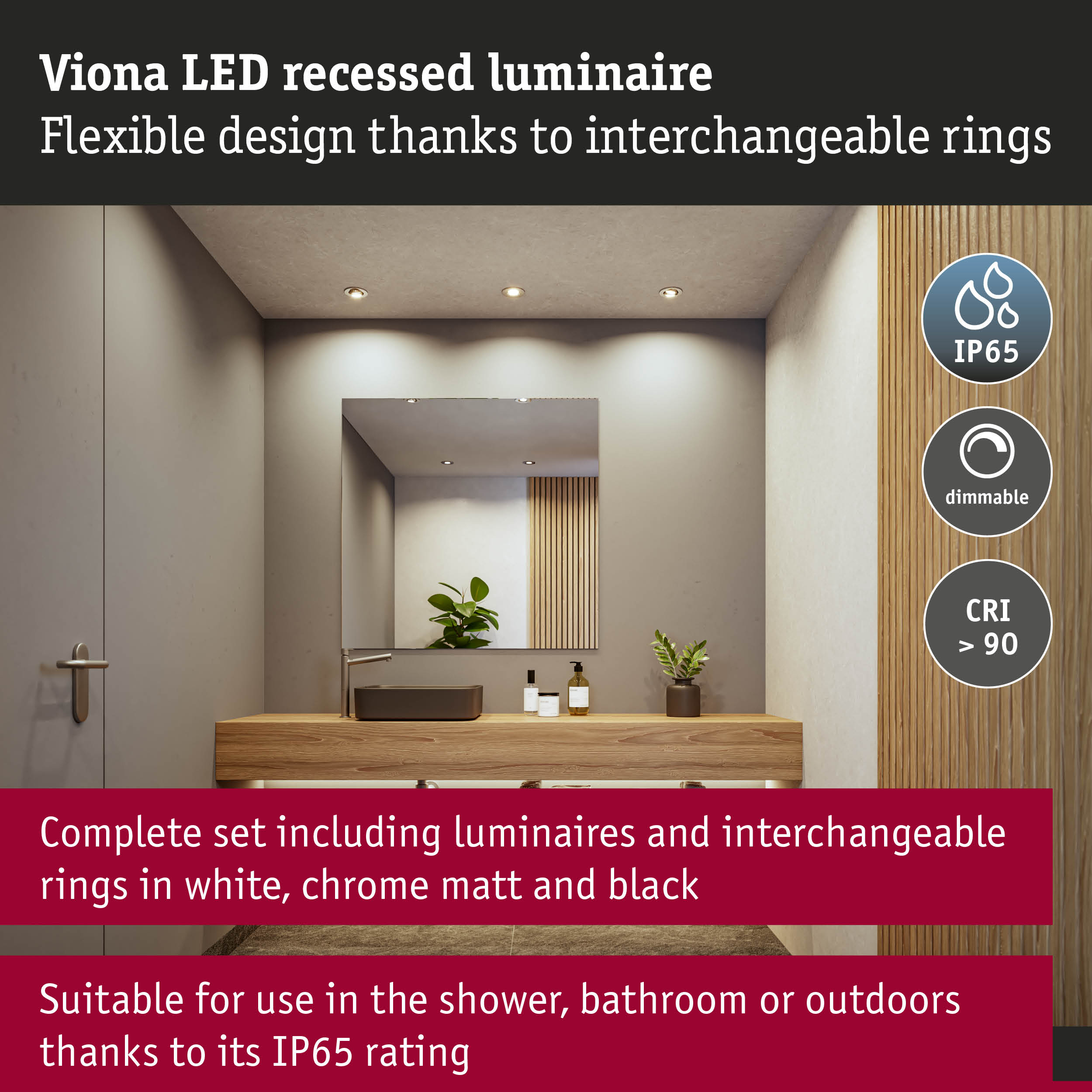 Nowoczesna toaletka z lustrem, umywalką i oprawami wpuszczanymi LED Viona.