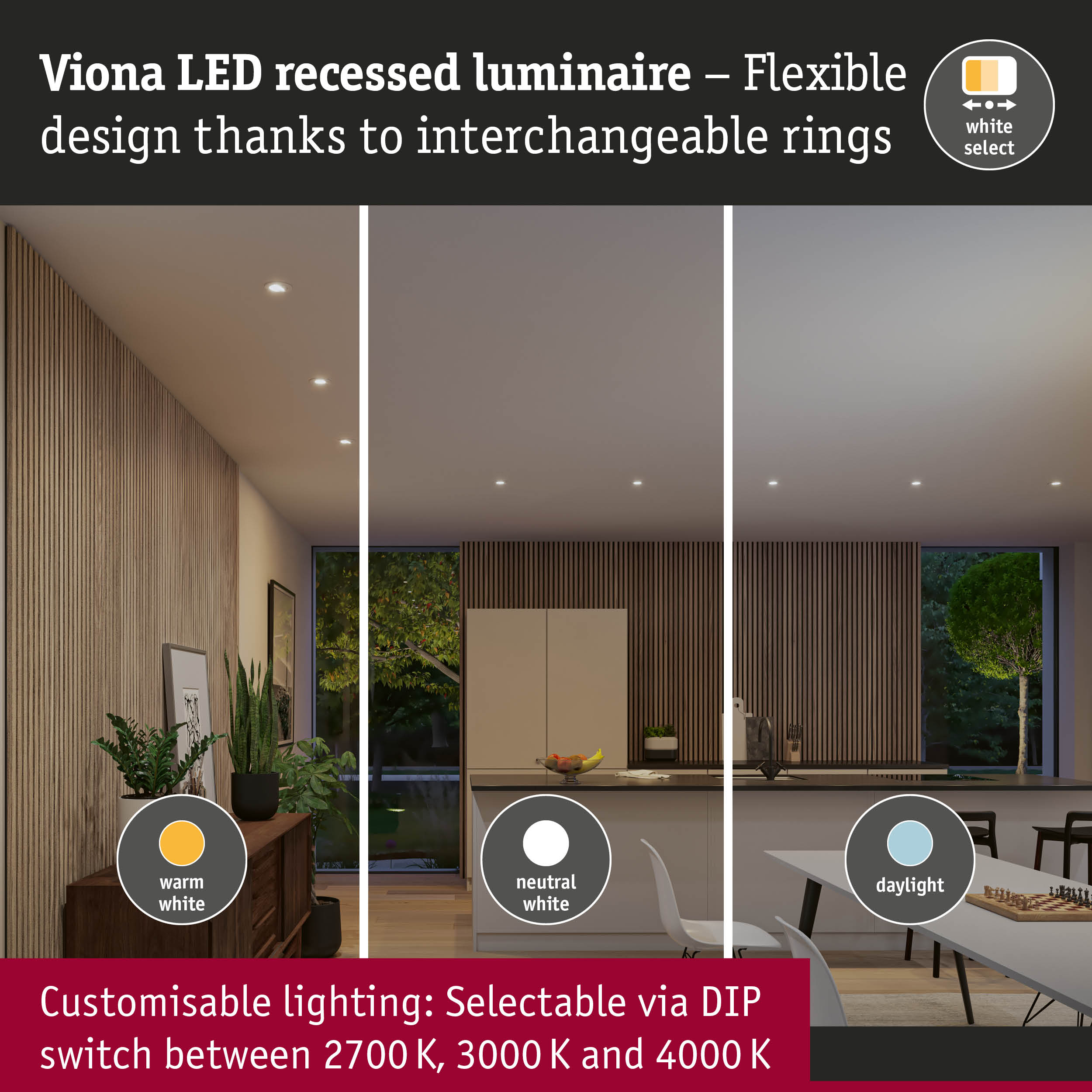 Oprawa wpuszczana LED Viona z wybieraną temperaturą barwową (ciepła, neutralna, dzienna).