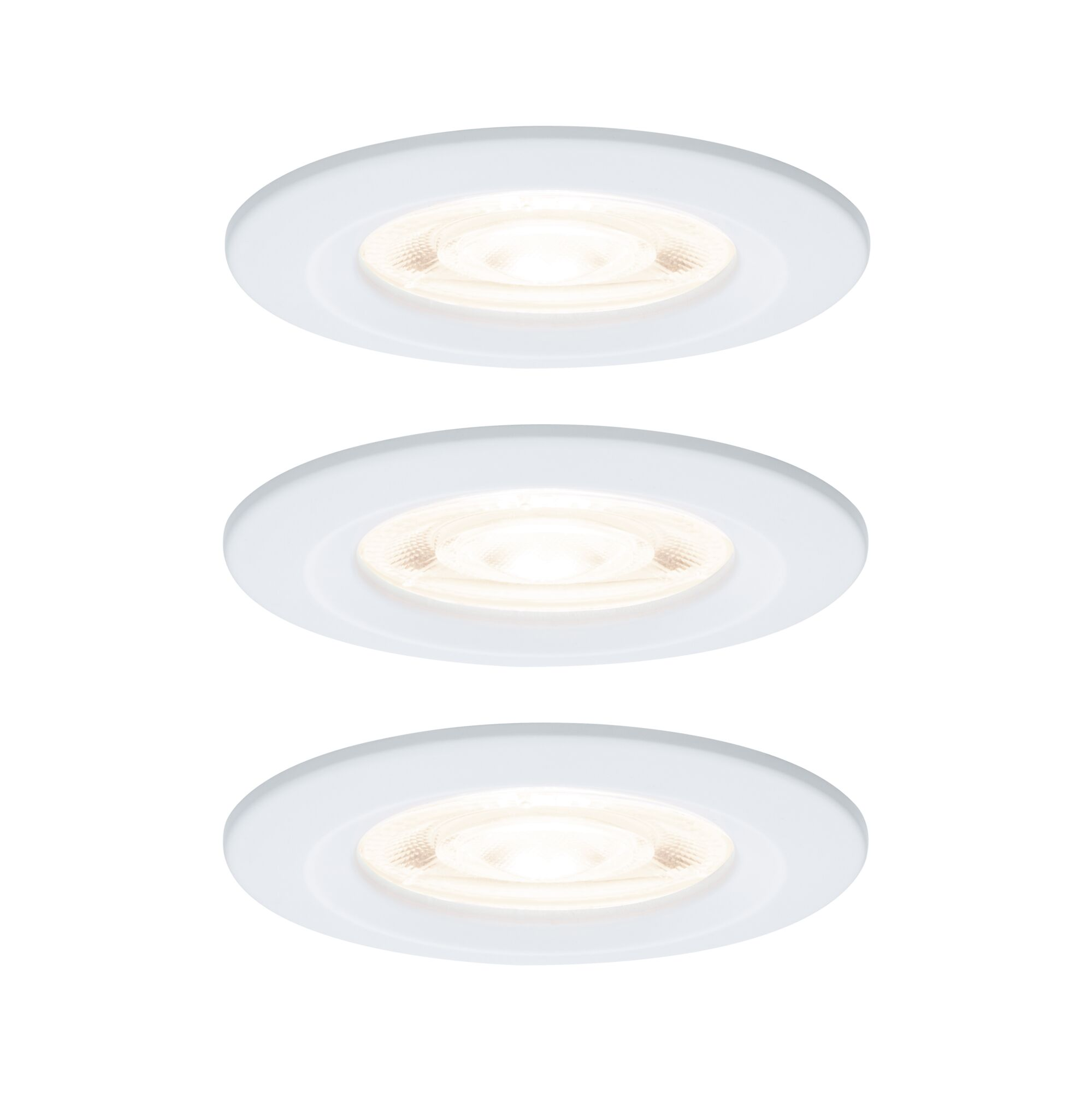 Trzy białe reflektory wpuszczane z podświetlanymi żarówkami na białym tle.