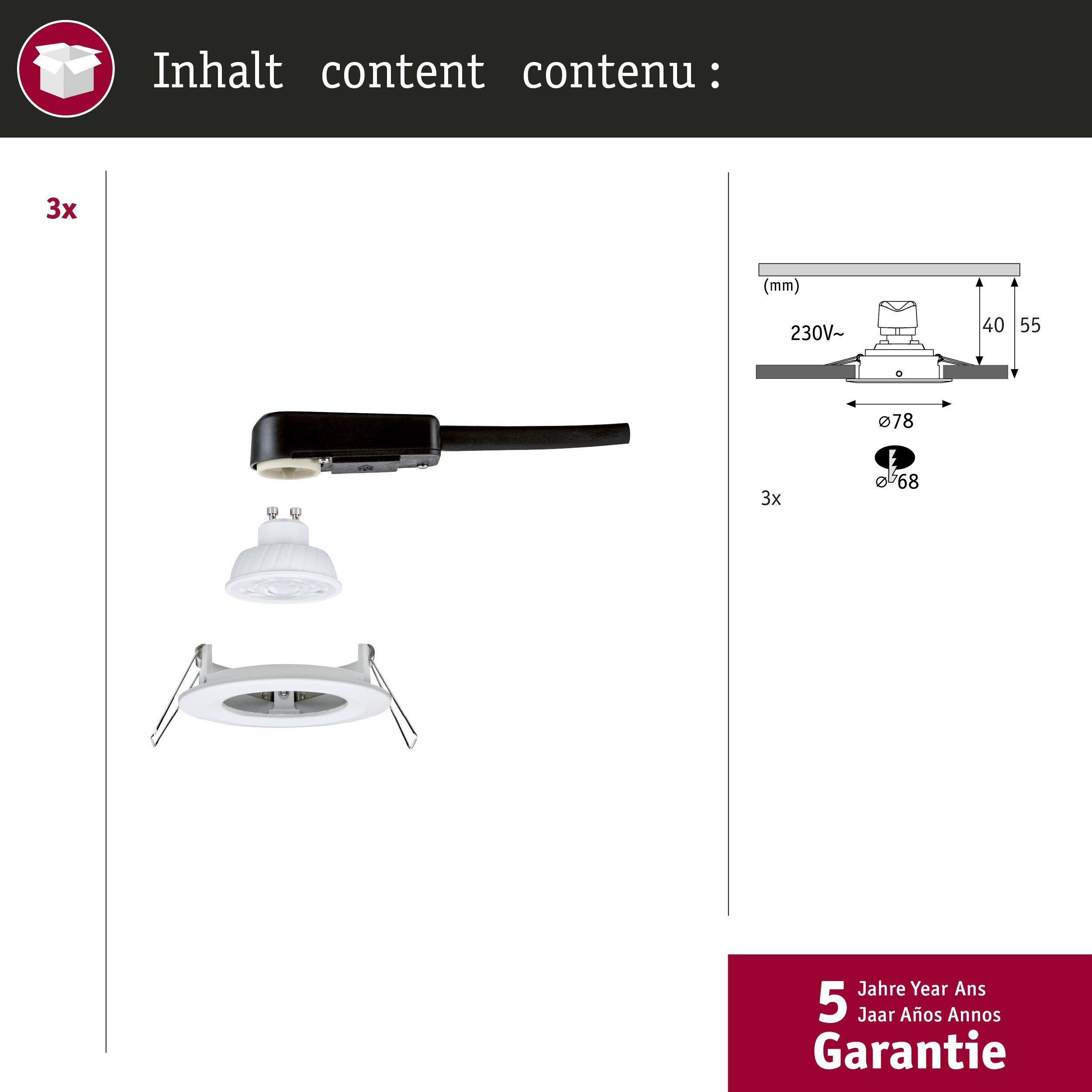 Reflektor wpuszczany z kablem i wymiarami technicznymi. 3 szt.