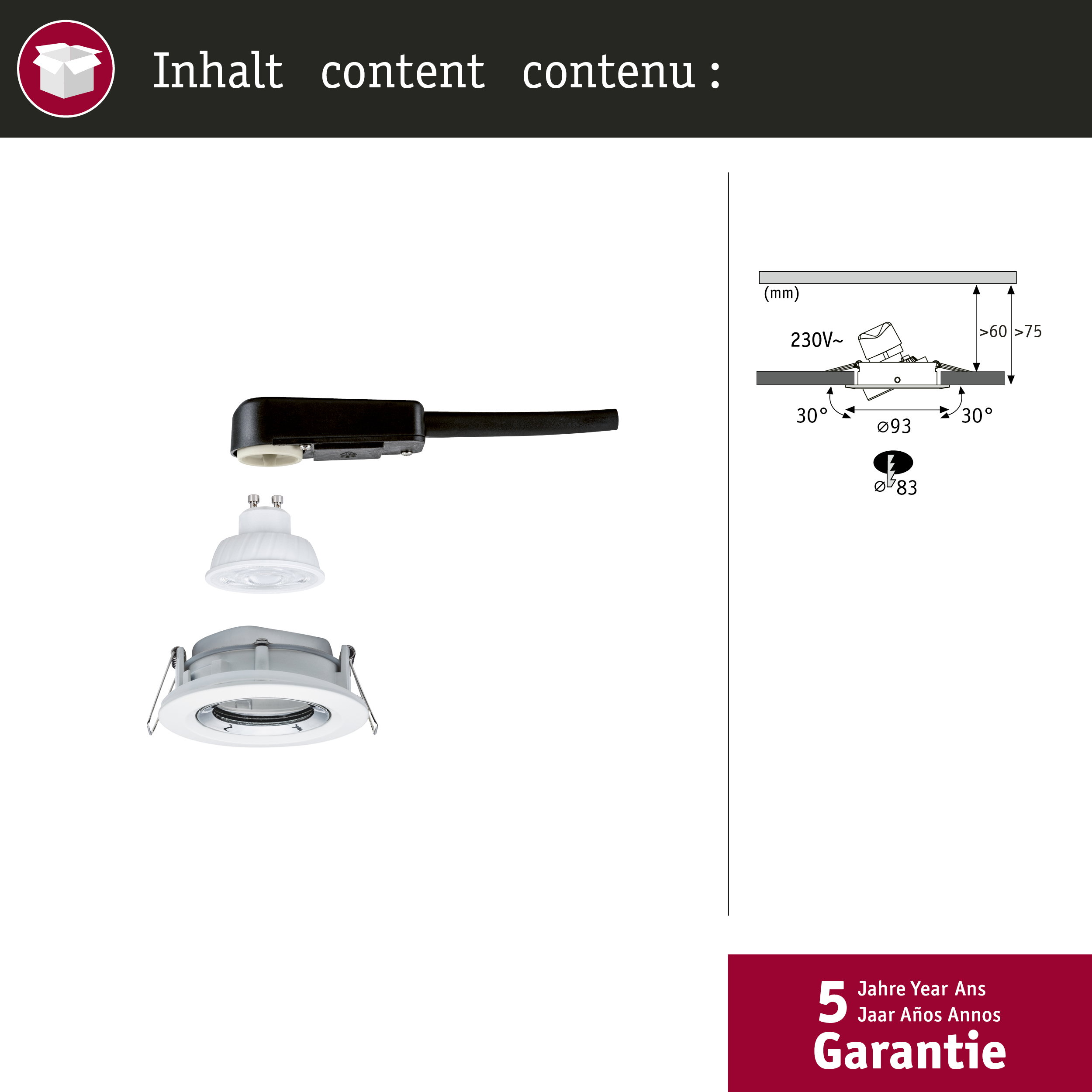 Reflektor wpuszczany z gniazdem GU10, kablem i rysunkiem technicznym.