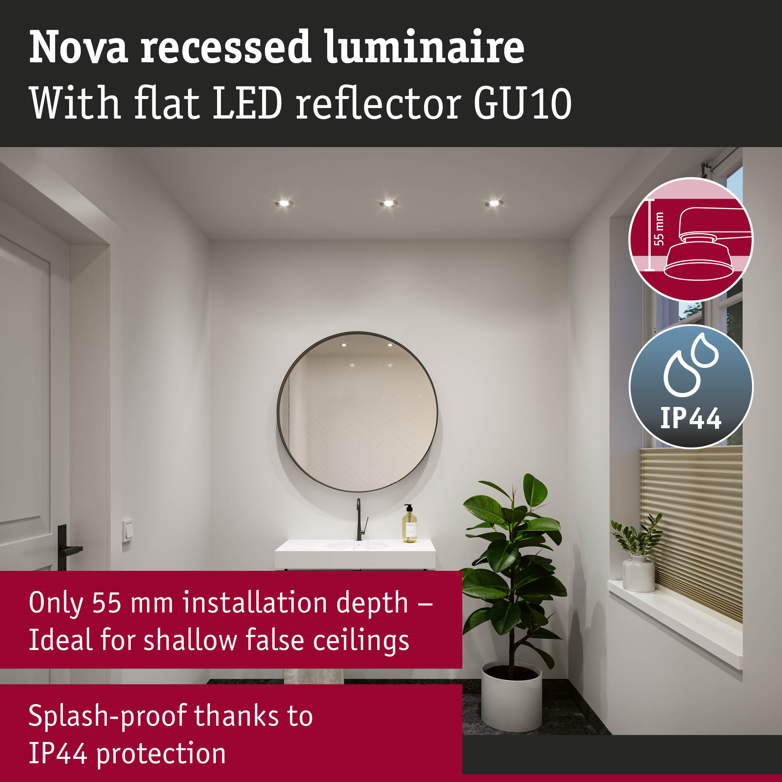 Nowoczesna łazienka z wpuszczanymi światłami, umywalką i lustrem.