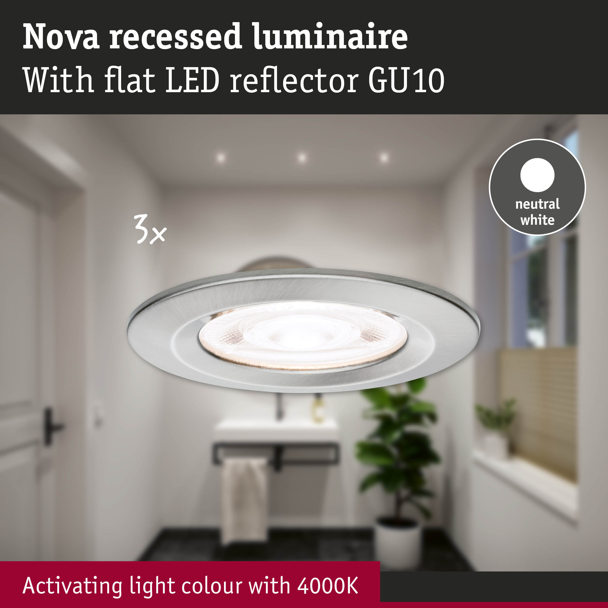 Lampa Nova wpuszczana z płaskim odbłyśnikiem LED GU10, neutralna biel.