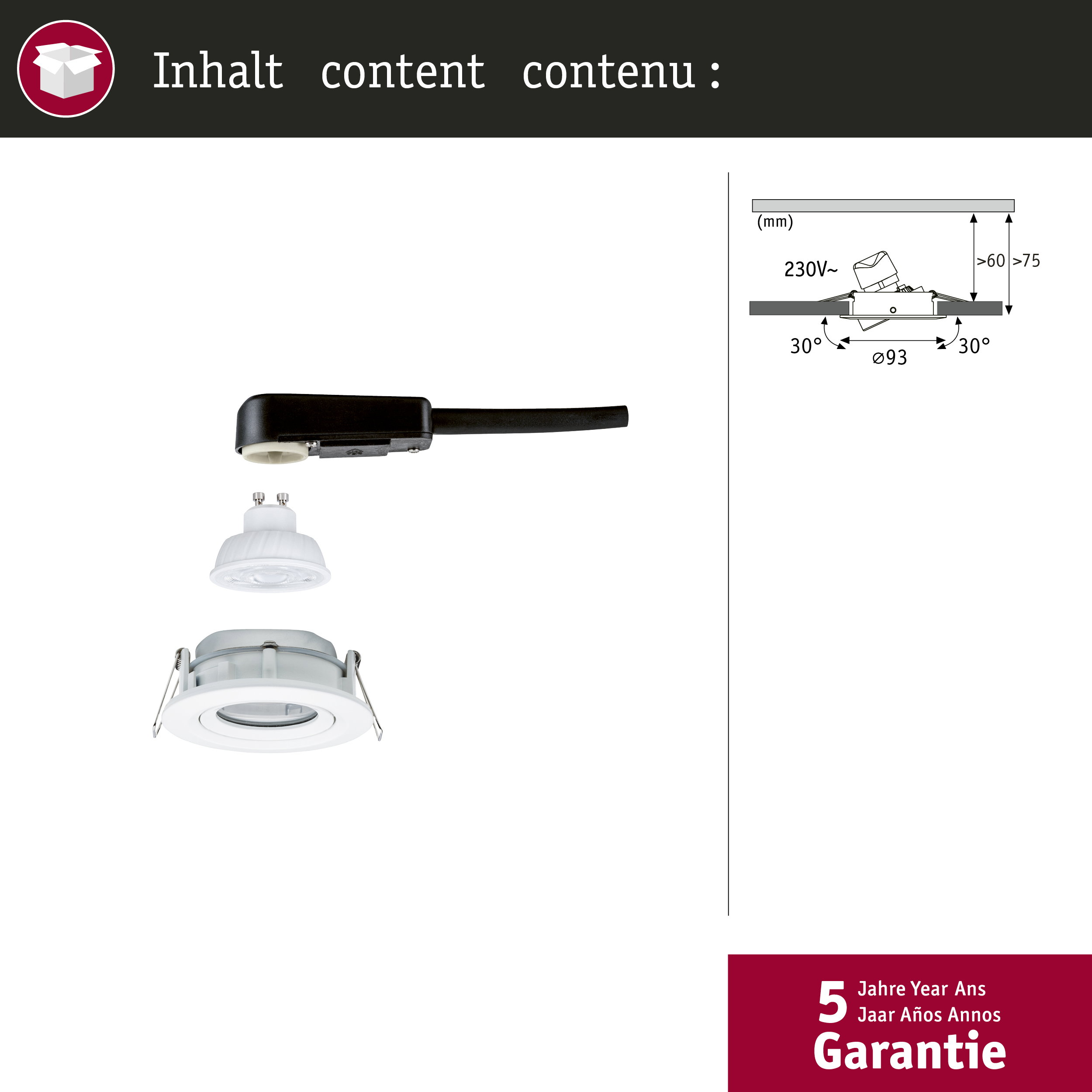 Reflektor podtynkowy z gniazdem GU10, kablem i schematem.