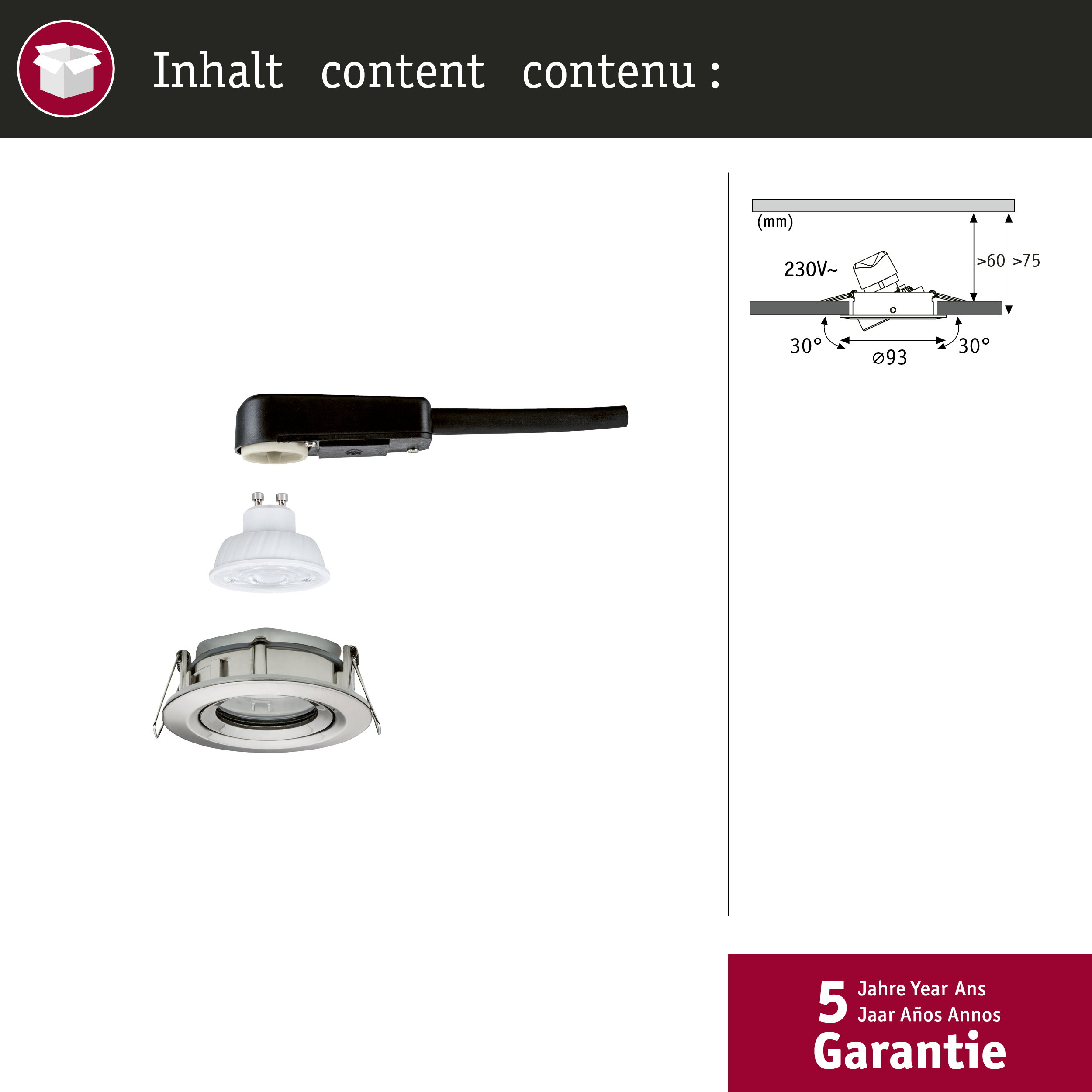 Lampa wpuszczana, gniazdo GU10, kabel i rysunek techniczny.