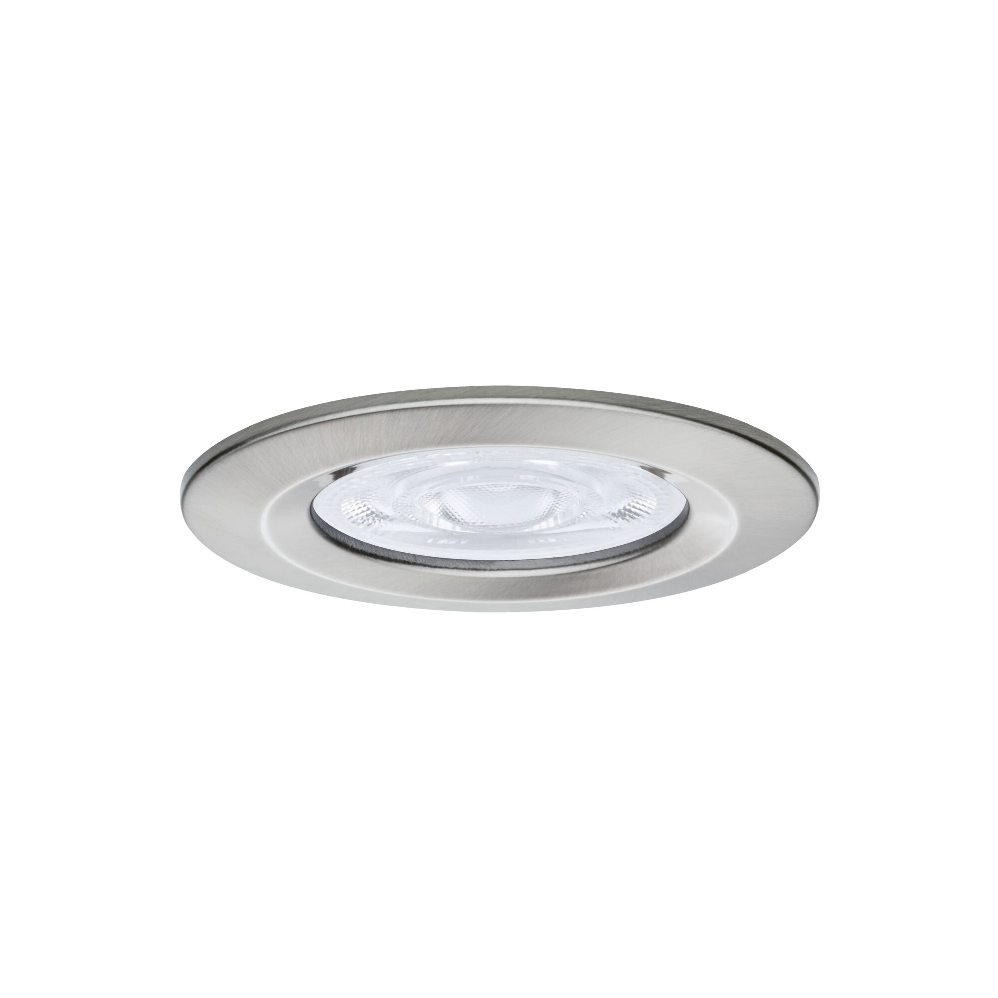 Okrągła lampa wpuszczana z szczotkowanym metalowym wykończeniem i szklaną obudową.