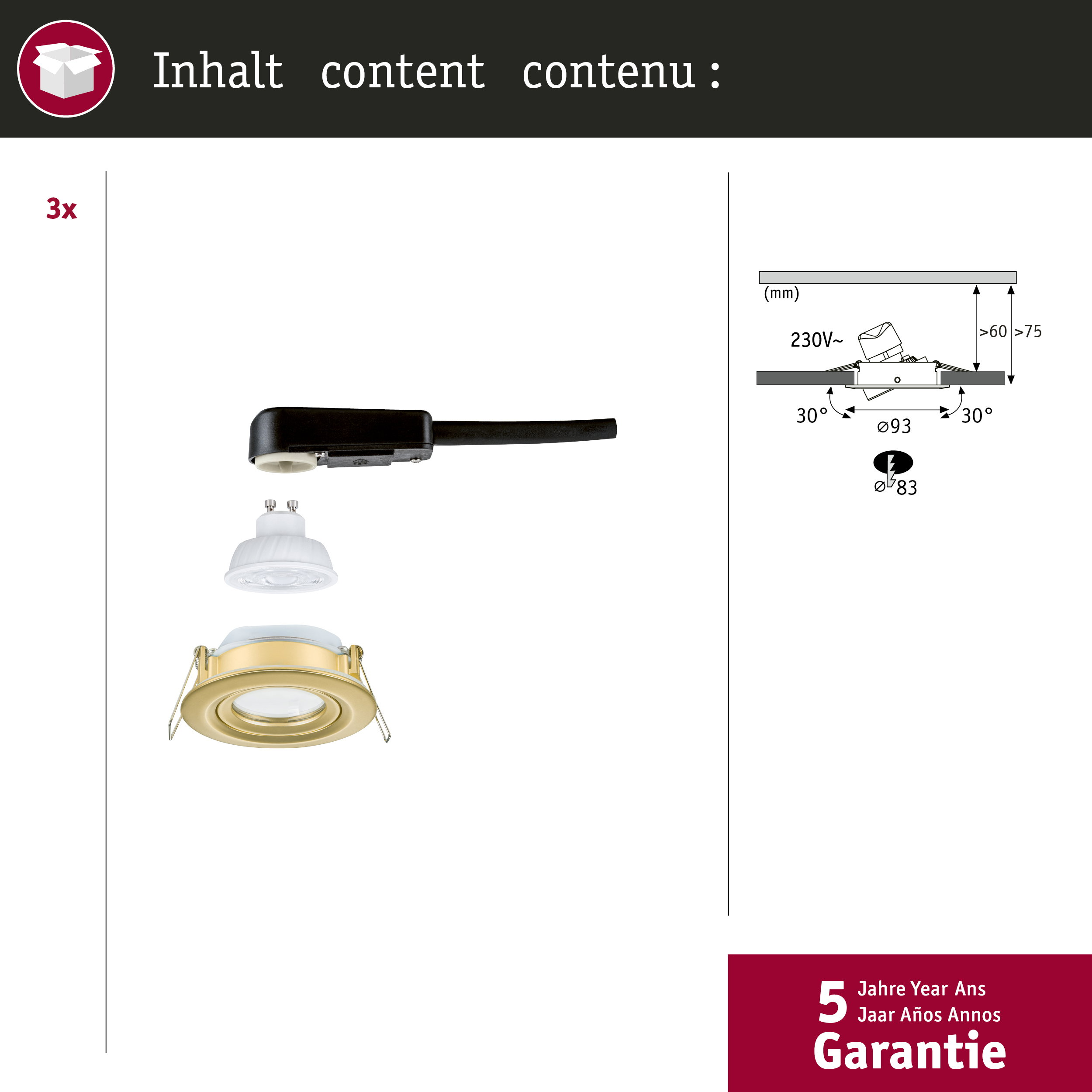 Lampa wpuszczana z oprawką i instrukcją montażu, złota.