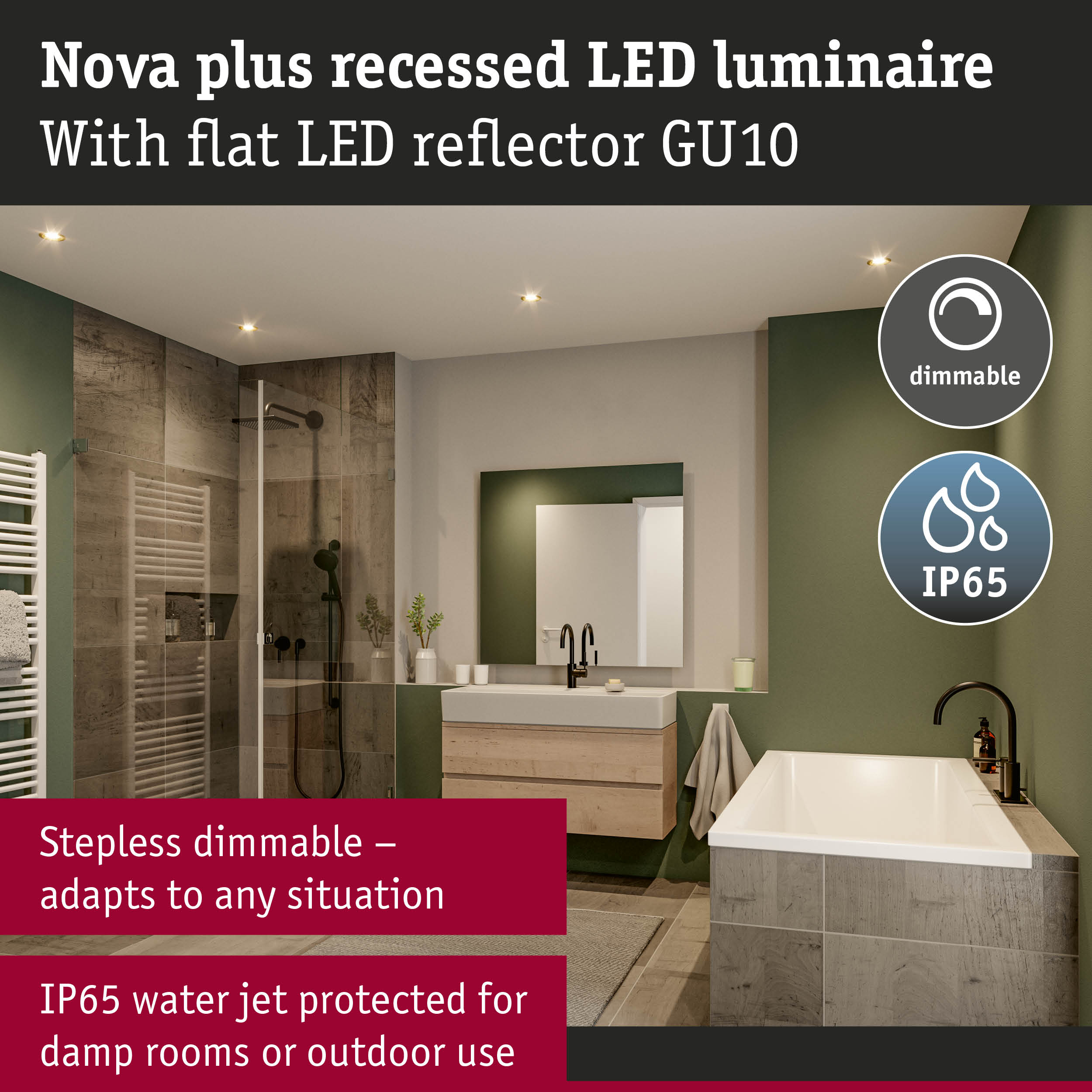 Nowoczesna łazienka z przyciemnianym, odpornym na IP65 reflektorem LED.