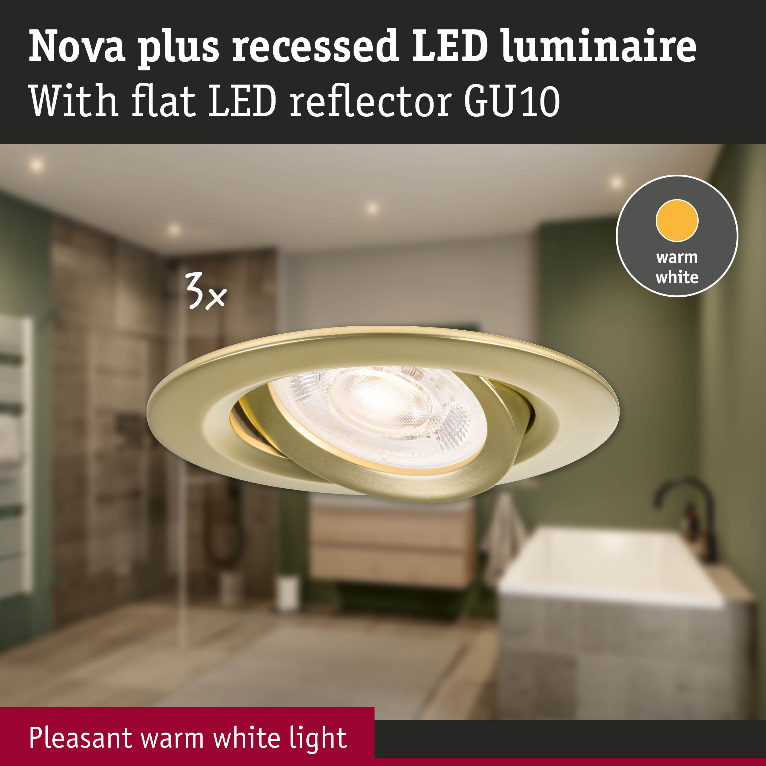 Złoty reflektor wpuszczany z ciepłym białym światłem w łazience.