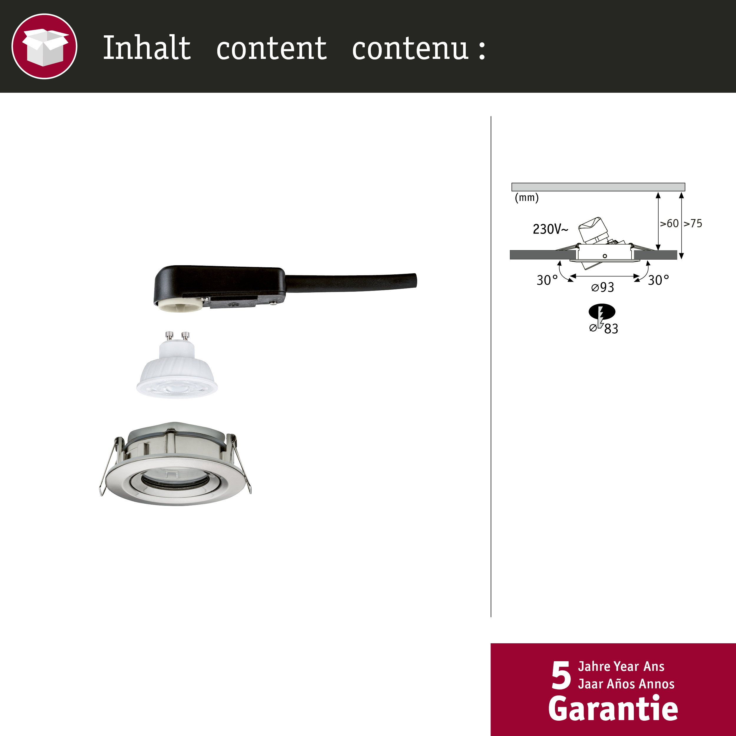 Reflektor wpuszczany, przewód, gniazdo lampy i rysunek techniczny.