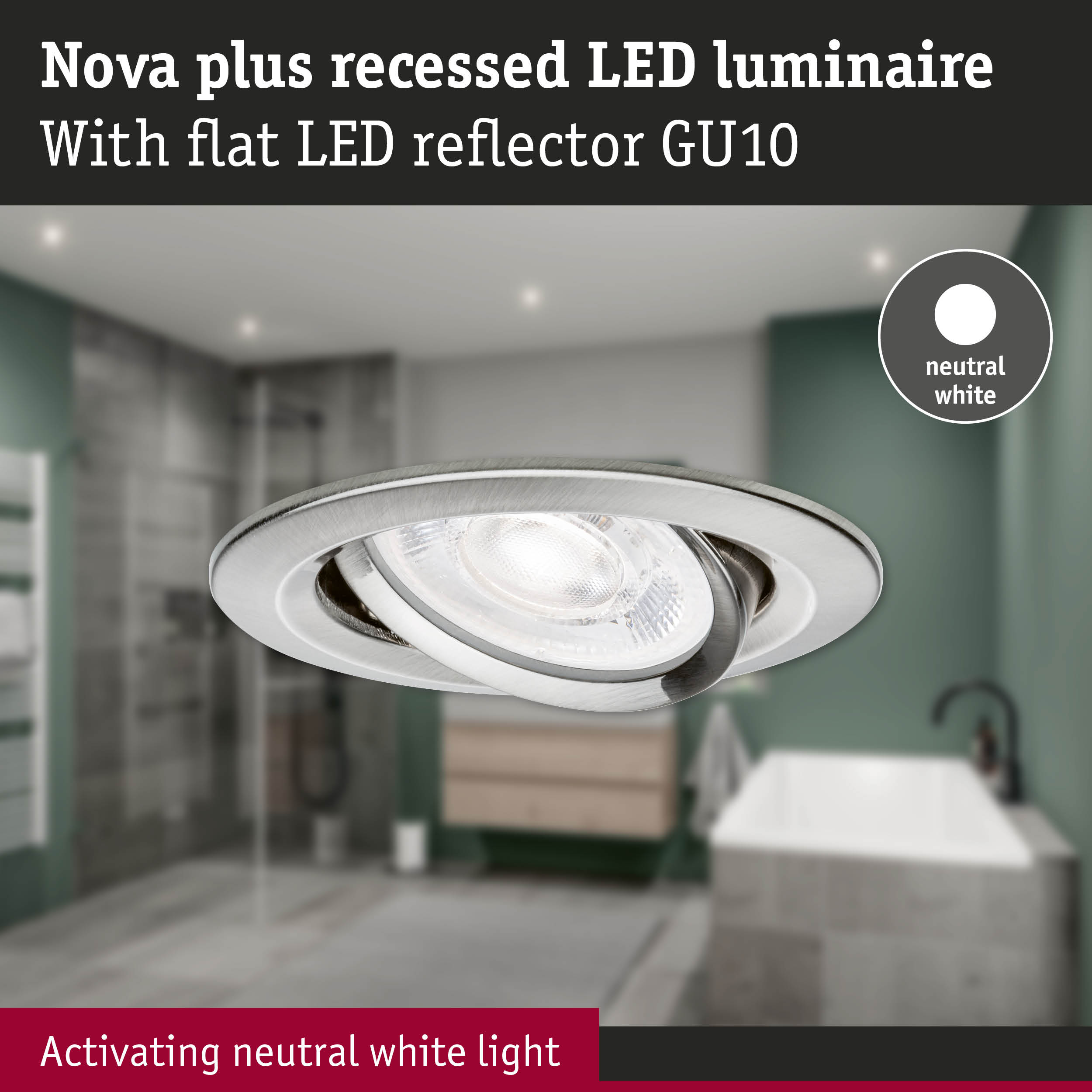Oprawa sufitowa LED Nova plus z płaskim odbłyśnikiem GU10 w łazience.