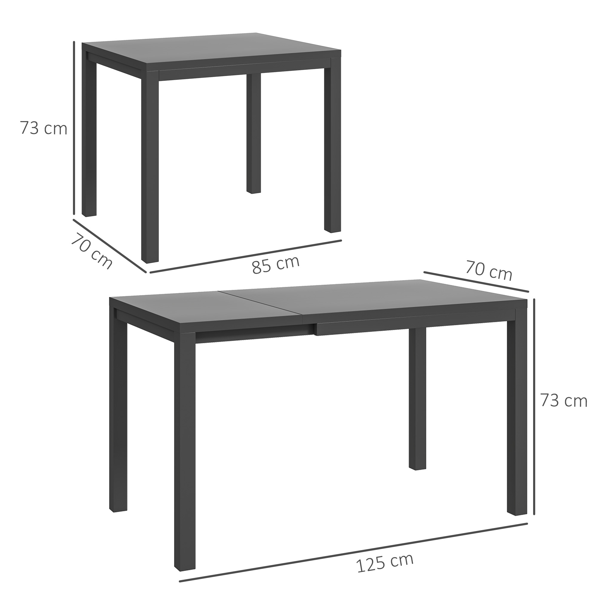 Dos mesas grises, una más pequeña y otra extensible, con dimensiones.