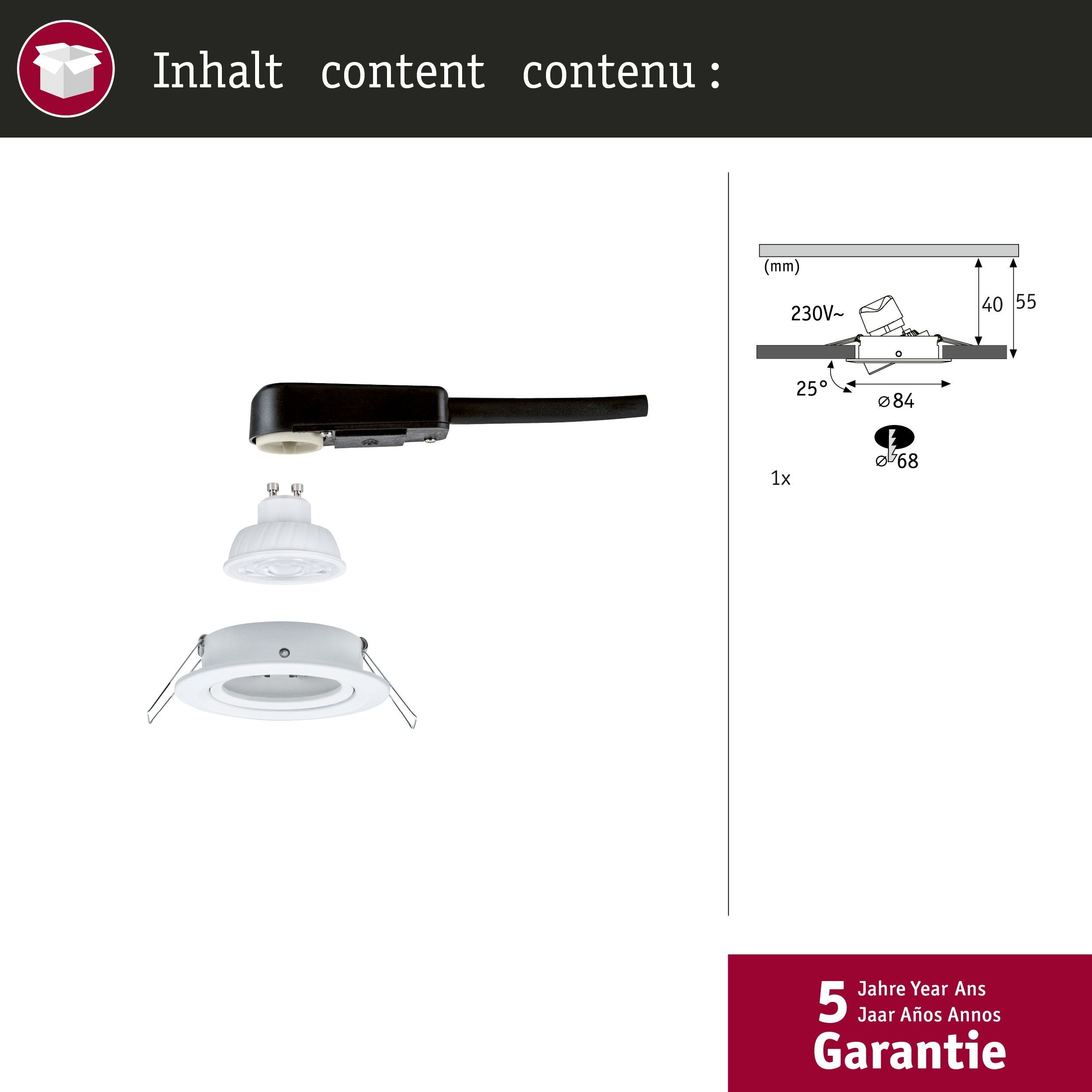 Reflektor wpuszczany z kablem i instrukcją. Wymiary: 40x55mm.