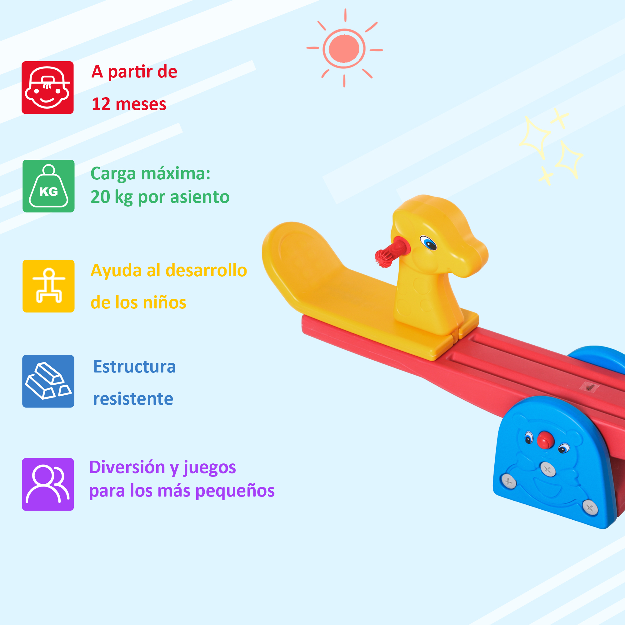 Balanza amarilla y roja con base azul, apta desde 12 meses, 20 kg máx.