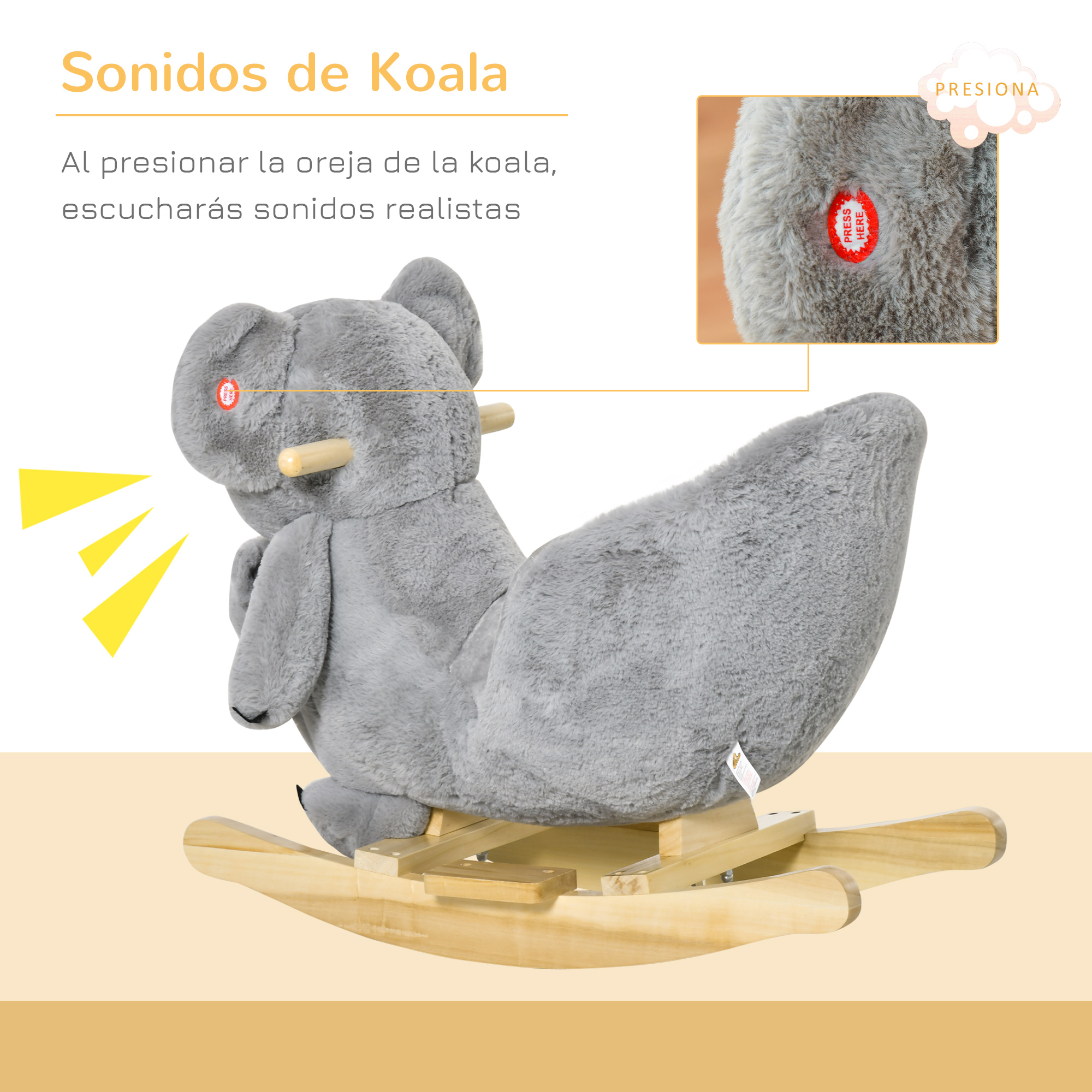 Bambolote de koala gris de peluche con base de madera y ondas de sonido.