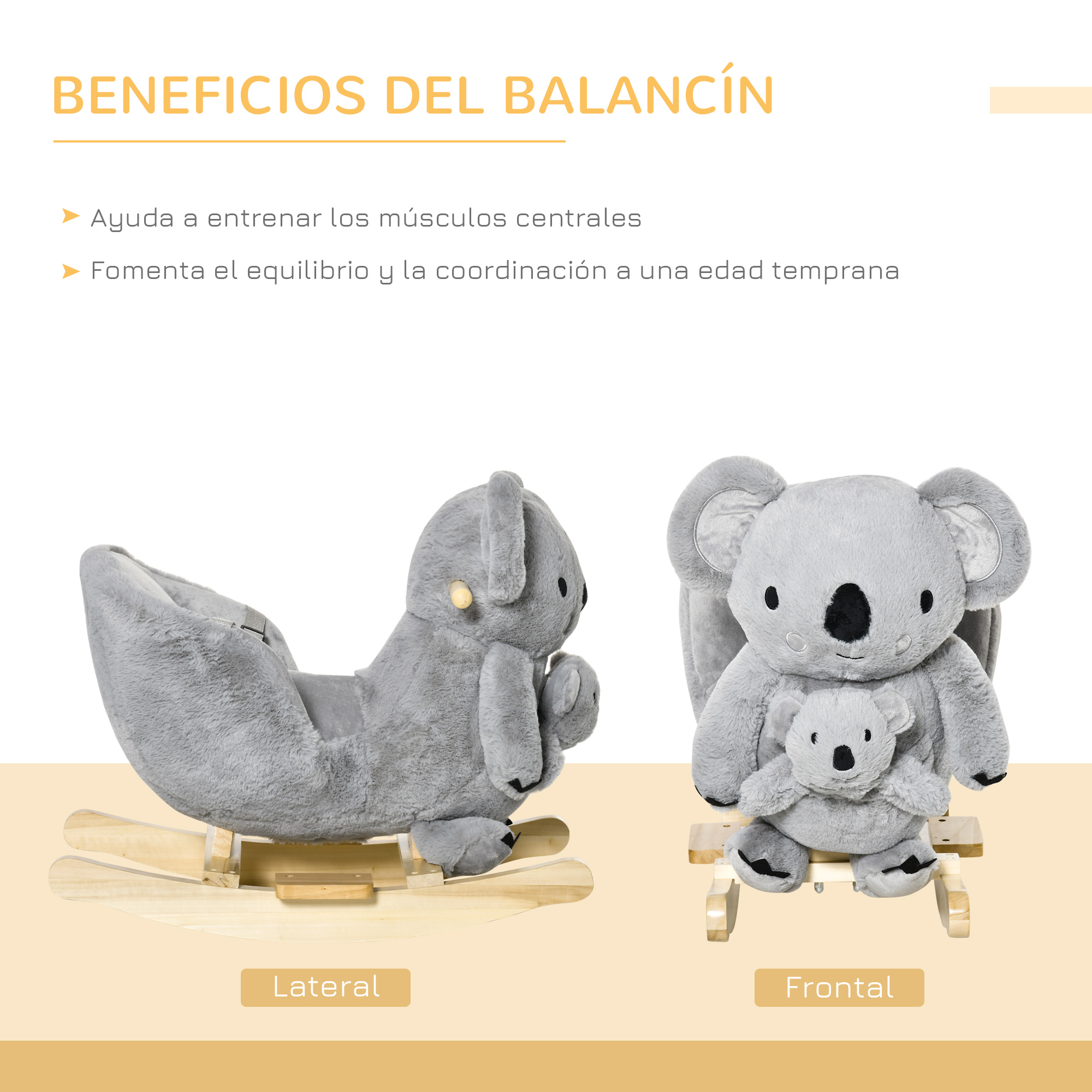 Balancín gris de koala con bebé, vistas lateral y frontal.