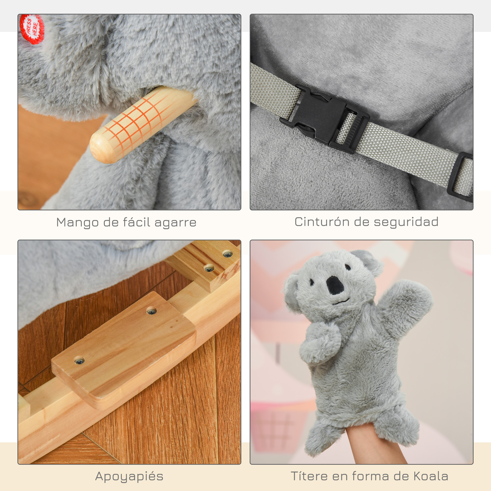 Juguete de koala gris con mango, cinturón, reposapiés y títere.
