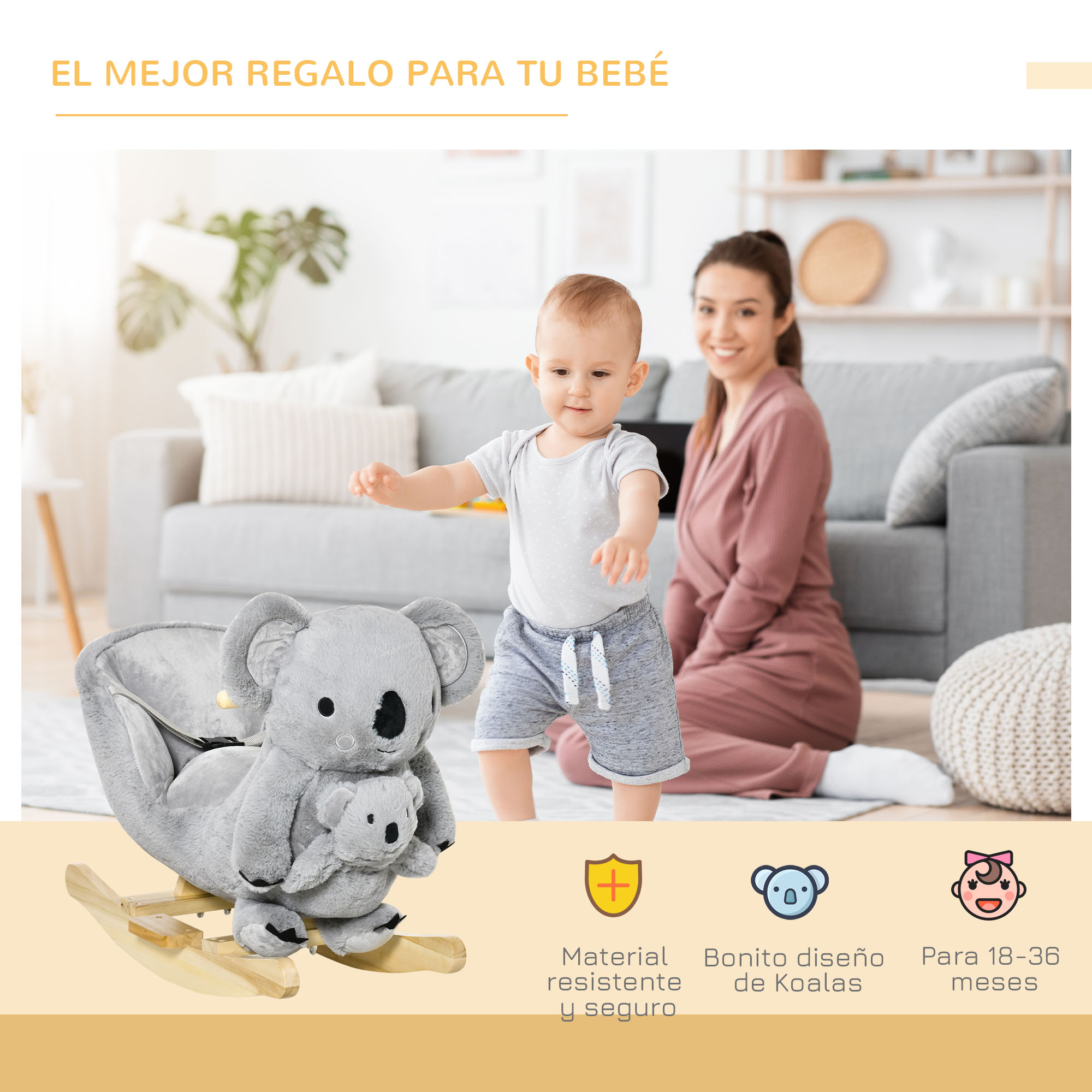 Un bebé aprende a caminar, junto a un balancín de koala. Una mujer sonríe al fondo.