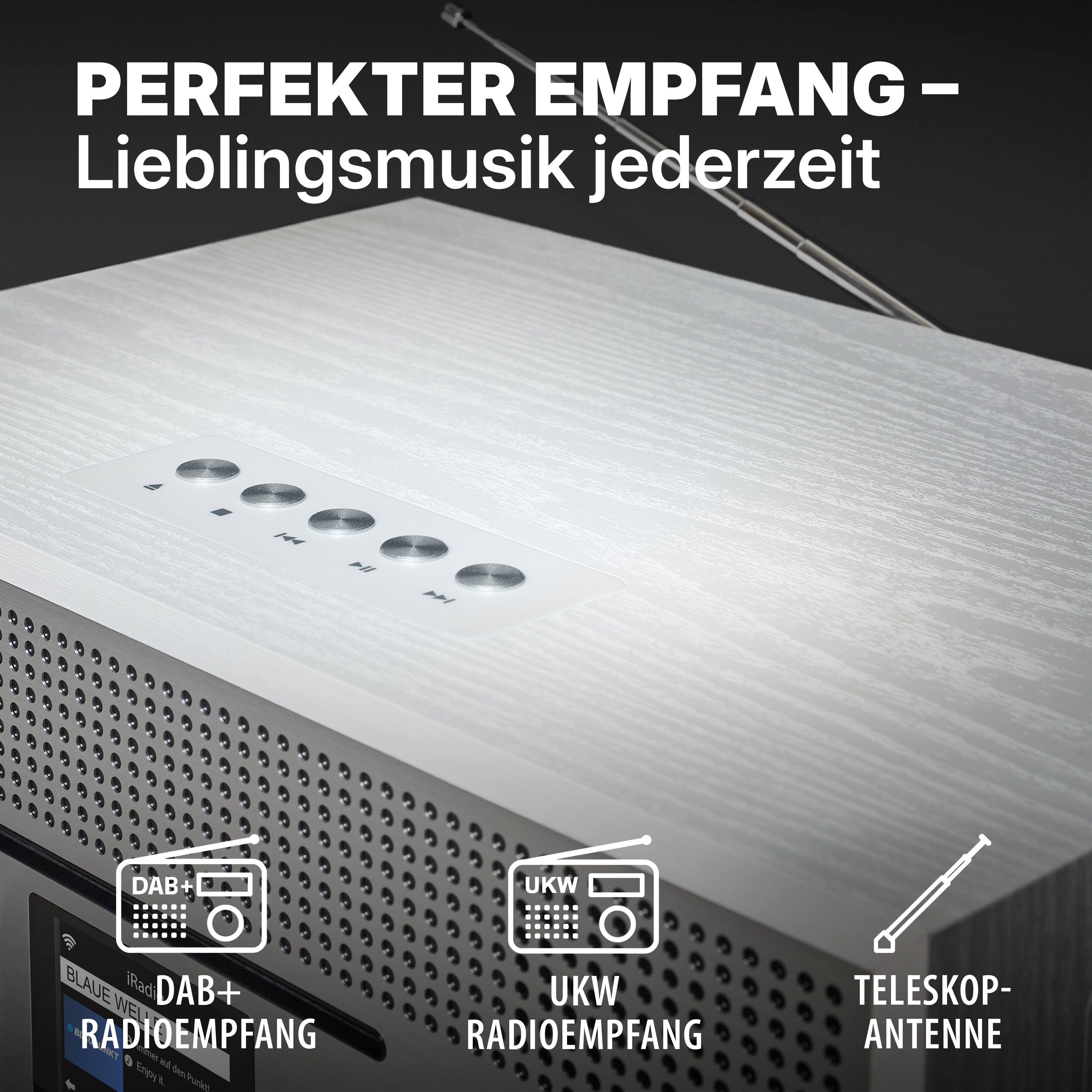 Ein modernes Radio mit DAB+ und UKW Empfang, Teleskopantenne.