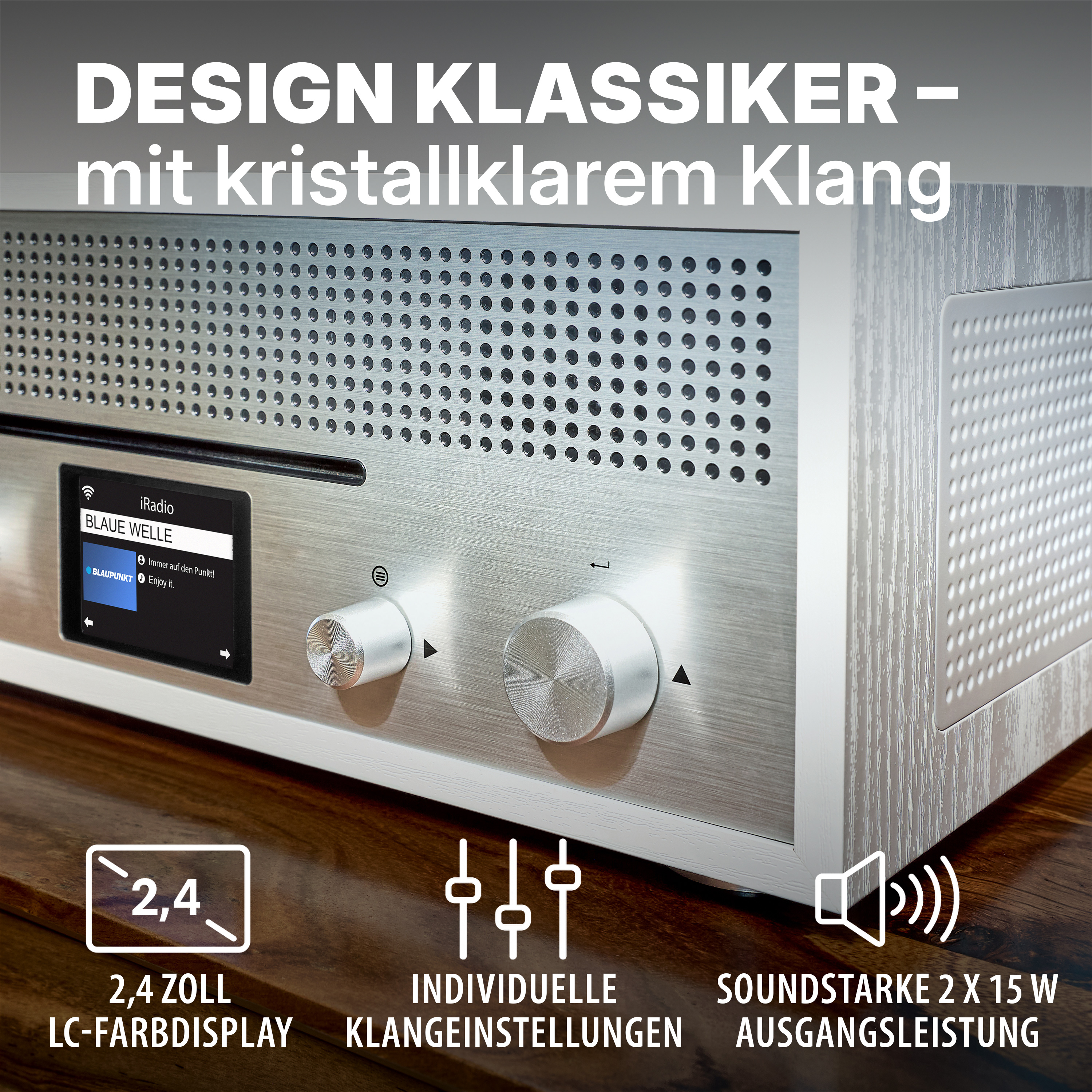 Modernes Radio mit Display, Knöpfen und Lautsprecher-Symbolen.