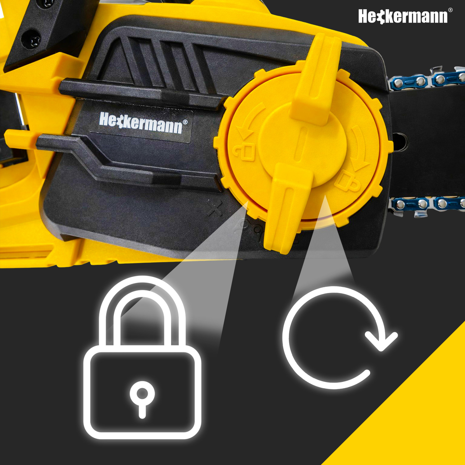 Żółta piła łańcuchowa Heckermann z ikonami blokady i przeładowania.