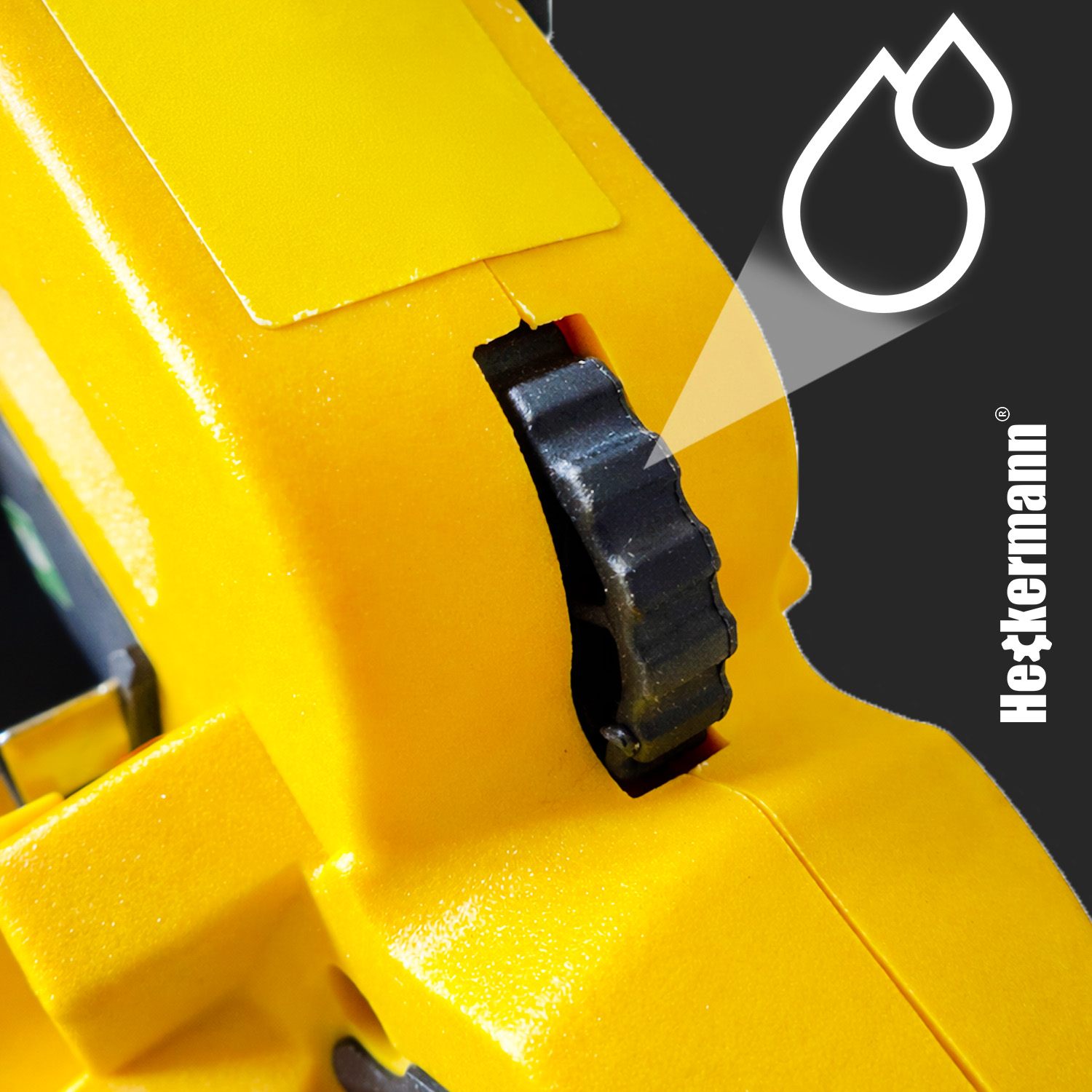 Żółte narzędzie z czarnym pokrętłem regulacji i ikoną kropli wody.