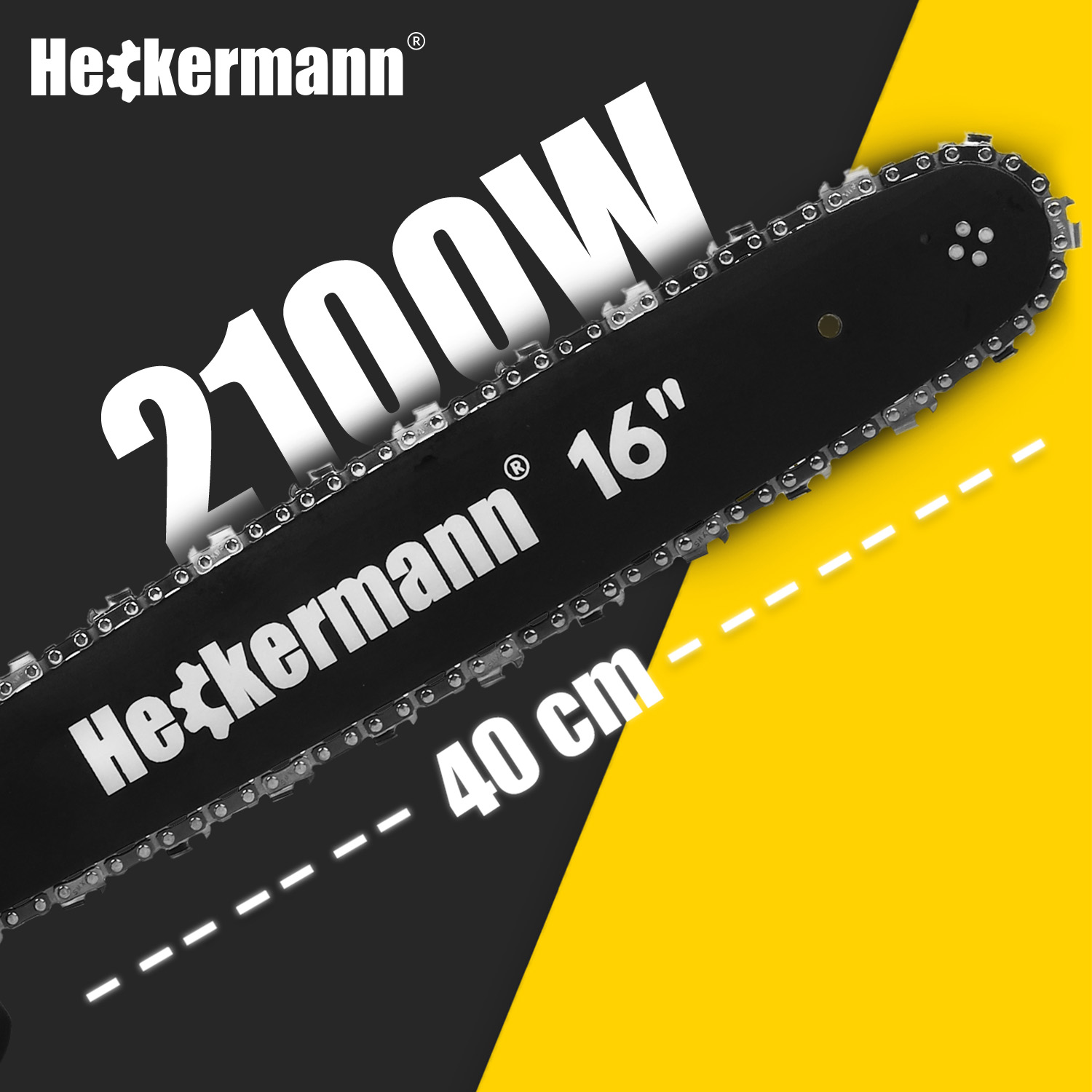 Piła łańcuchowa Heckermann: 2100W, 16 cali (40 cm). Czarna prowadnica na szarym/żółtym tle.