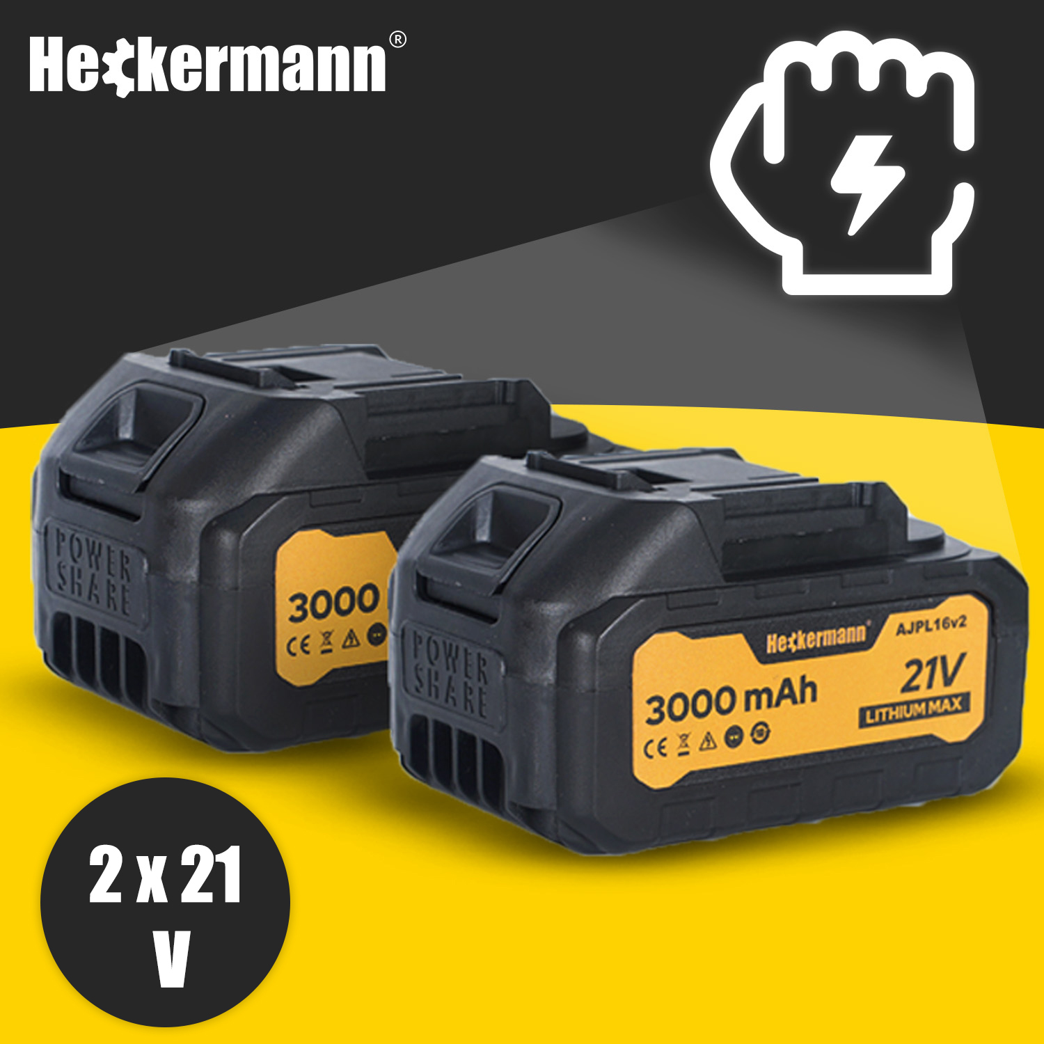 Dwa czarne akumulatory litowe Heckermann 21V 3000mAh z żółtymi akcentami.