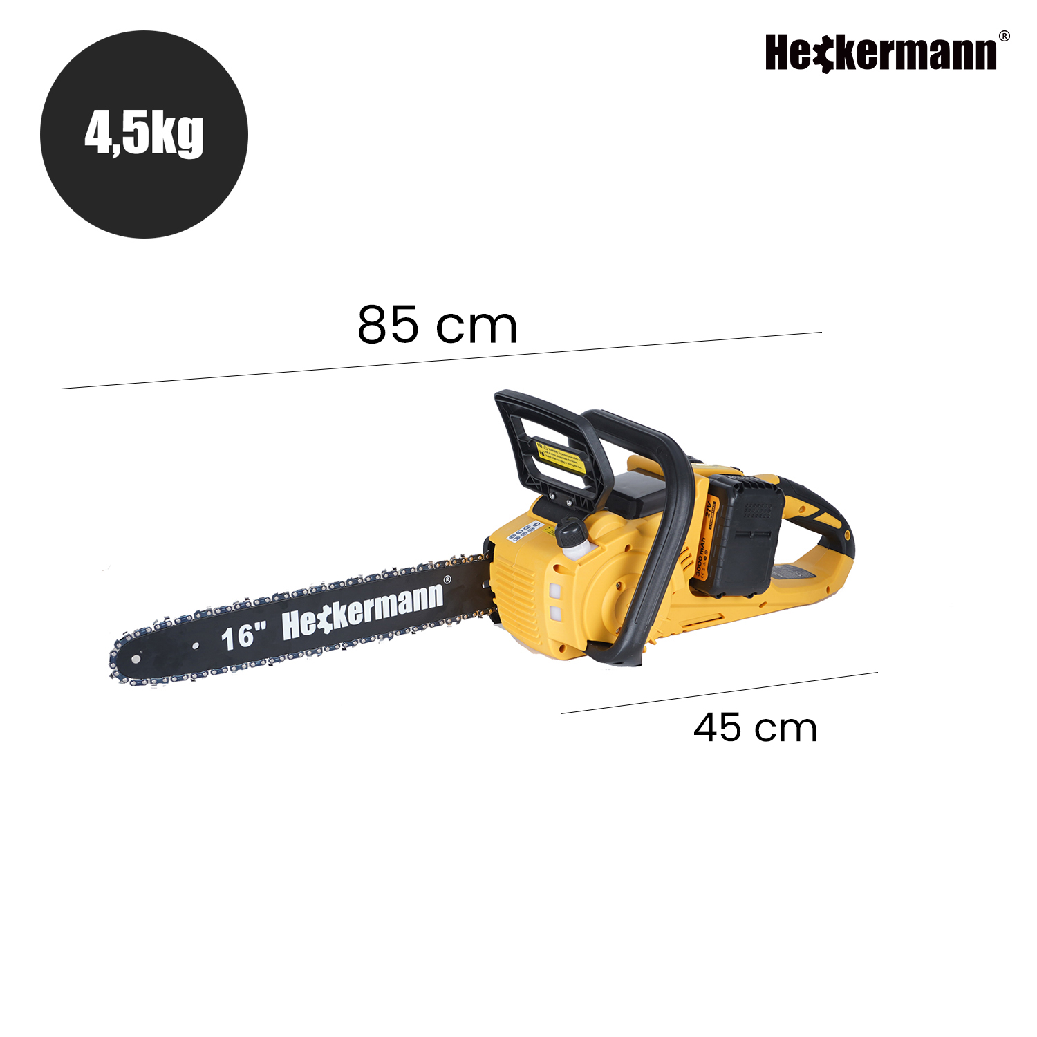 Żółta piła łańcuchowa Heckermann, 4,5 kg, długość 85 cm z prowadnicą 16 cali.