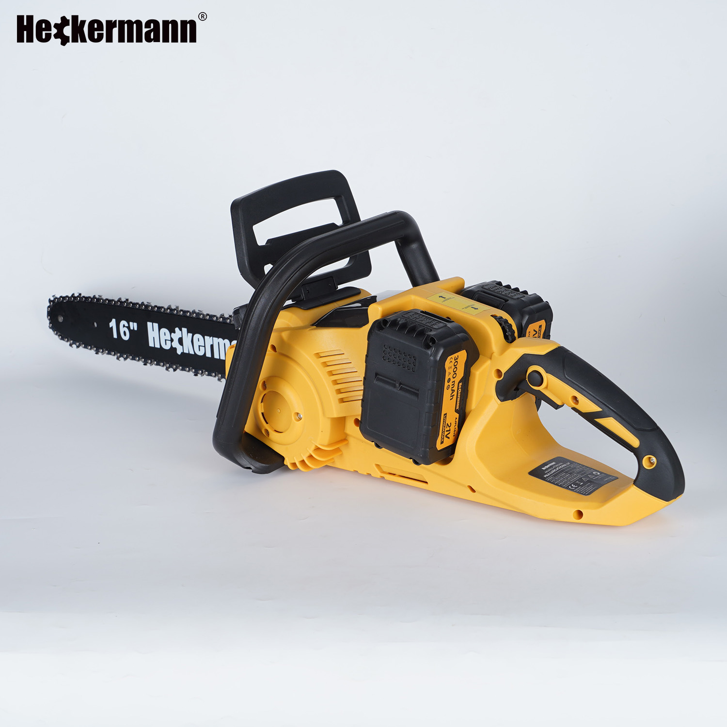 Żółta i czarna piła łańcuchowa ze srebrnym łańcuchem i logo Heckermann.