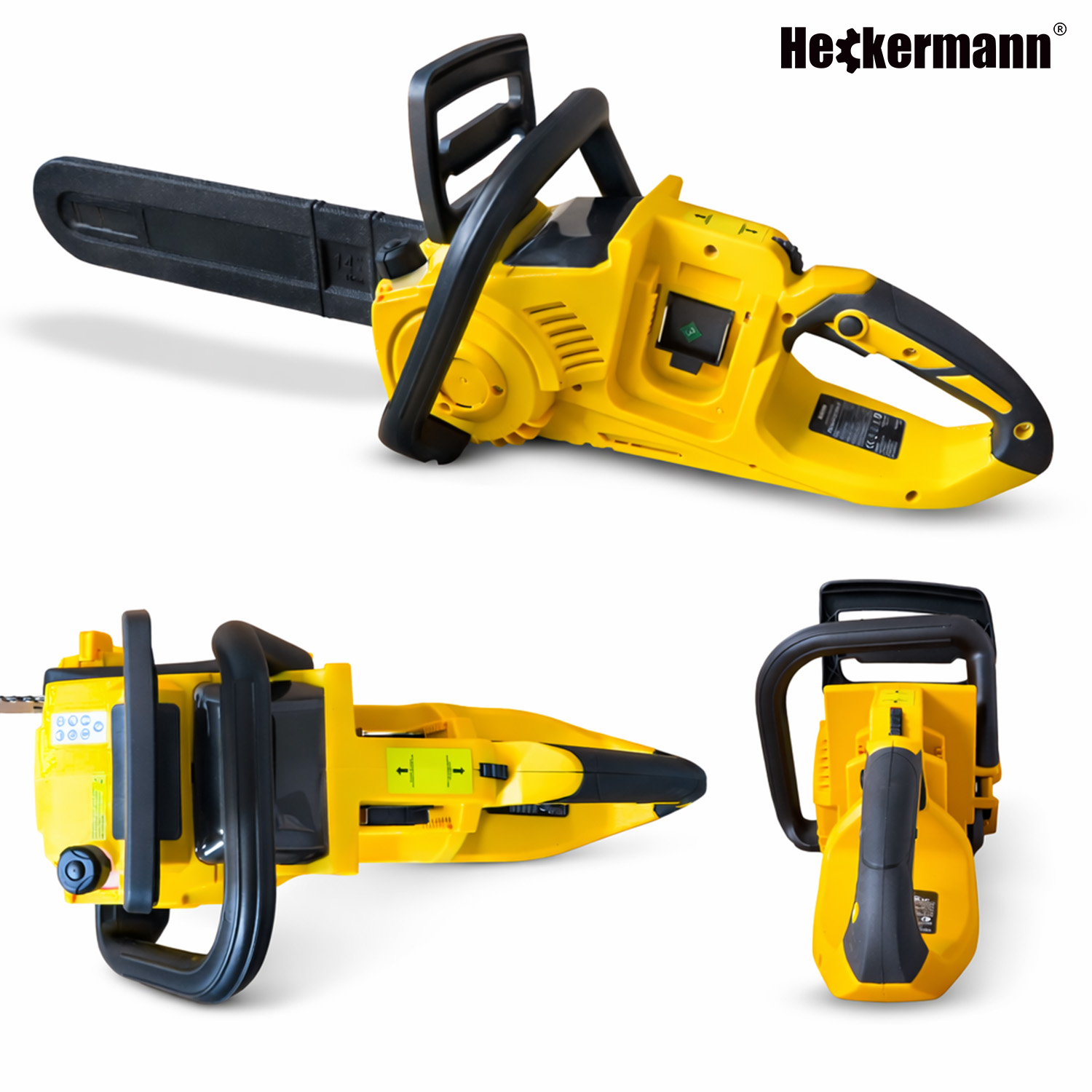 Kolaż trzech widoków żółtej i czarnej piły łańcuchowej Heckermann na białym tle.