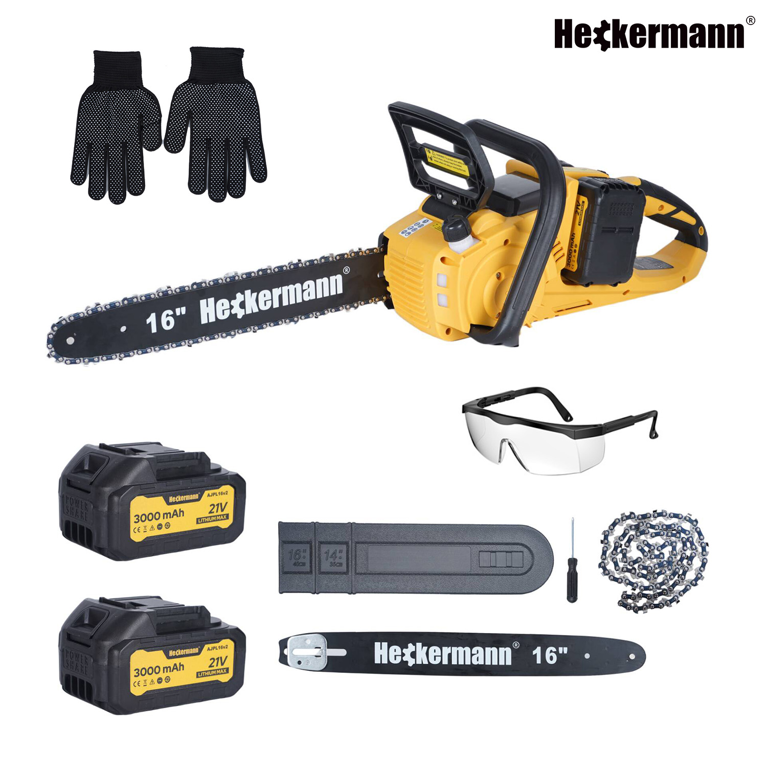 Żółta piła łańcuchowa z akcesoriami: rękawice, baterie, łańcuch, prowadnica i okulary ochronne.