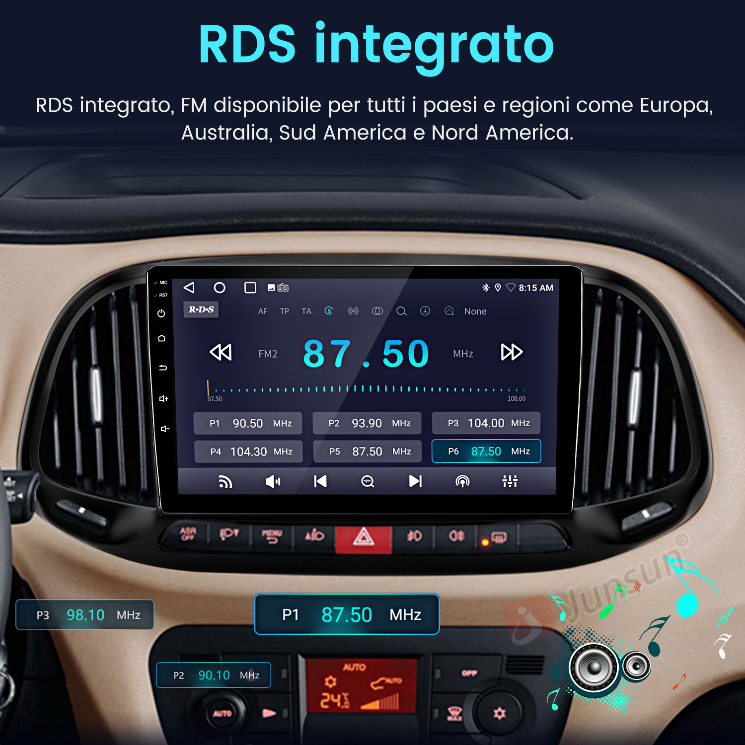 Sistema di infotainment per auto che mostra stazioni radio e ora. Note musicali in primo piano.