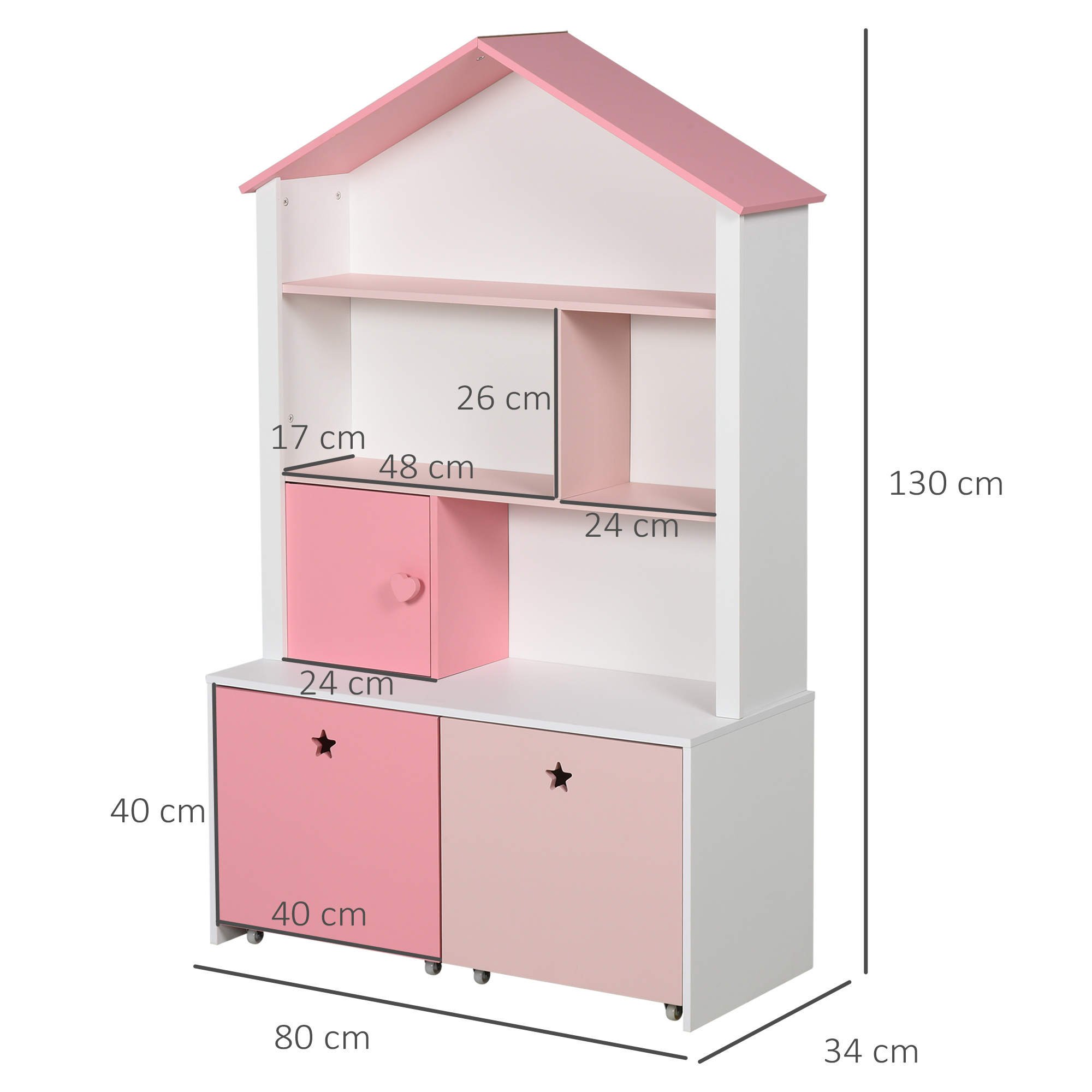 Un estante en forma de casa rosa y blanco con compartimentos y cajones.