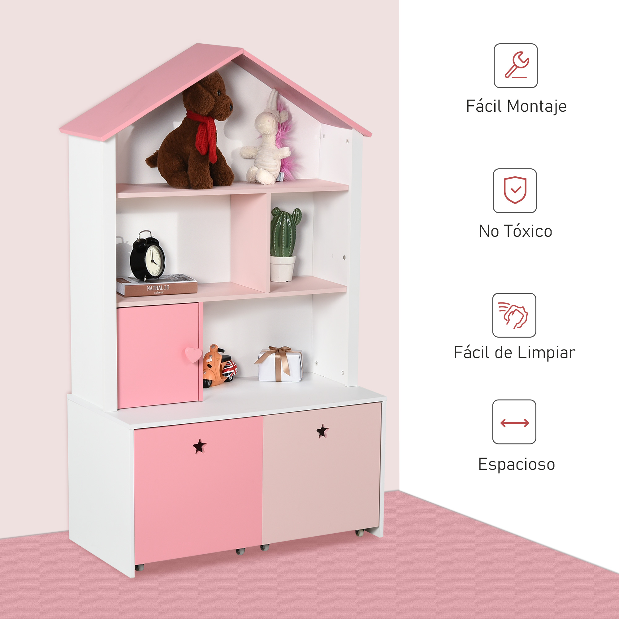 Estantería blanca y rosa con forma de casa de muñecas, con juguetes.
