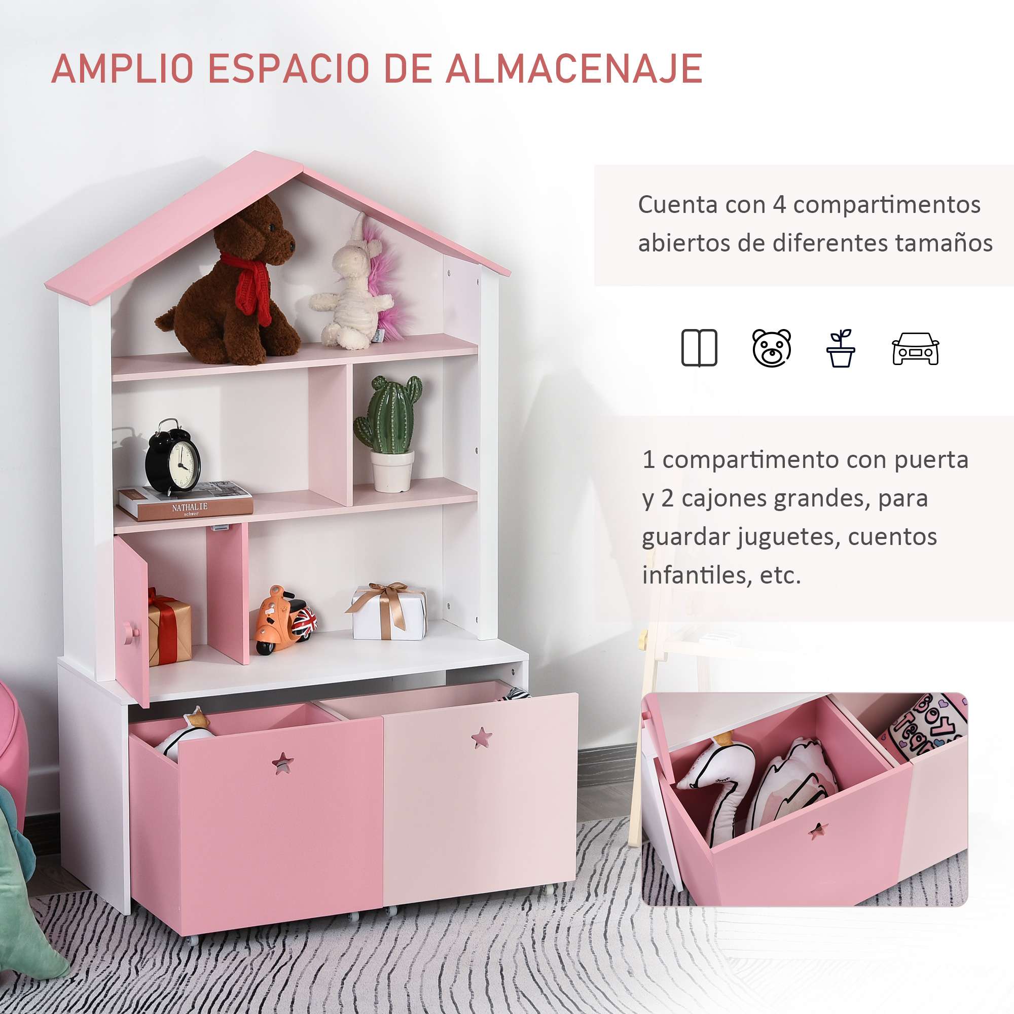 Una estantería blanca y rosa con forma de casa con juguetes y cajas.