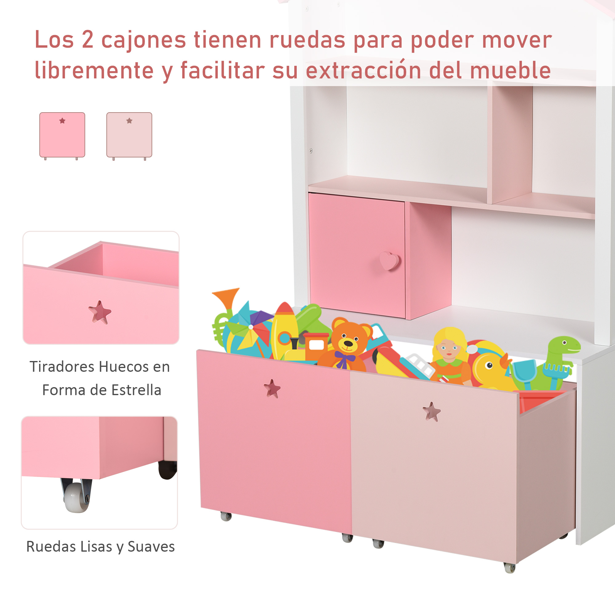 Dos cajones rosas con recortes de estrella, llenos de juguetes, con ruedas.
